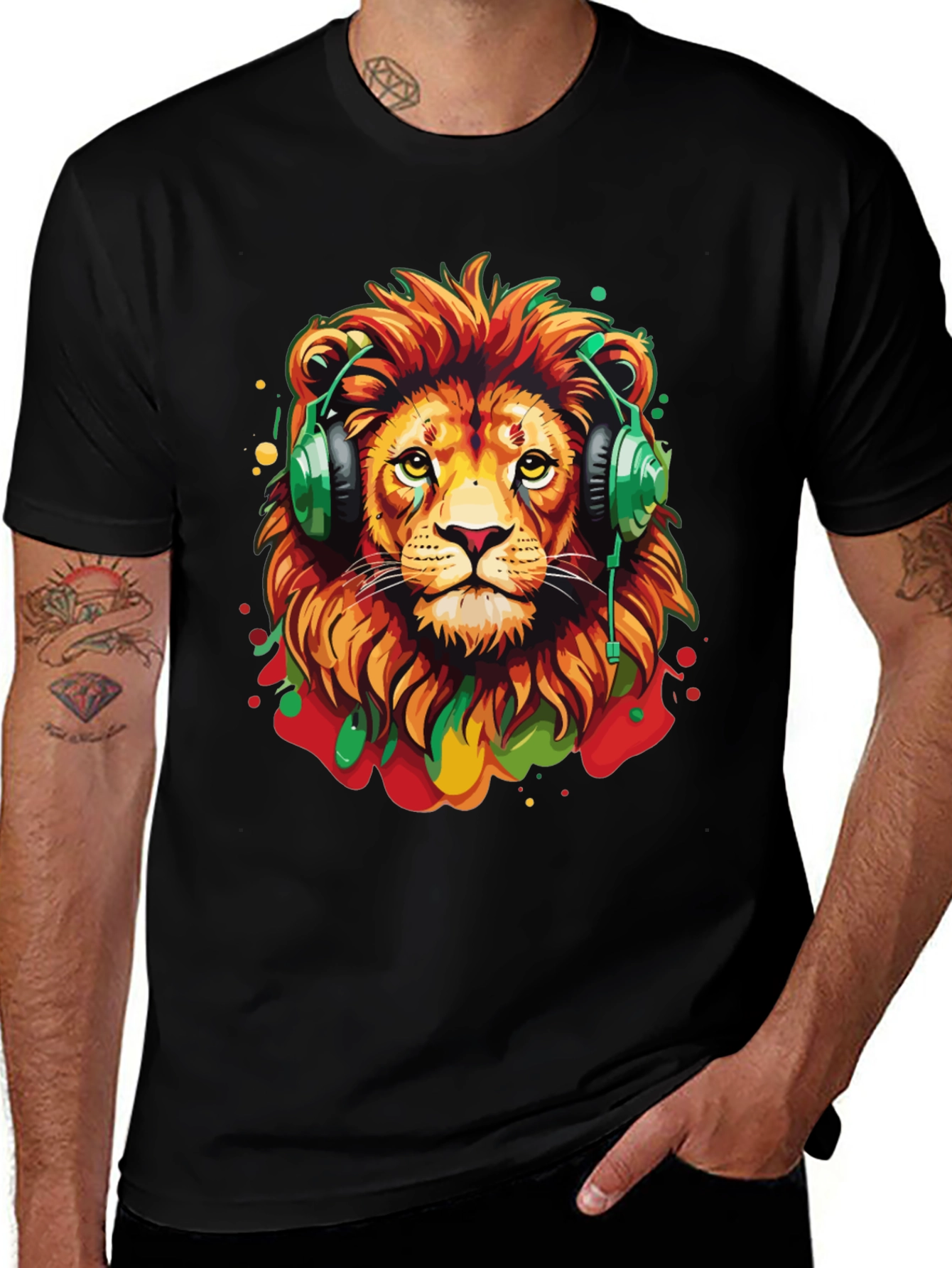 Variant 19 of Lion Headphones Graphic Tee - Black Cotton Blend