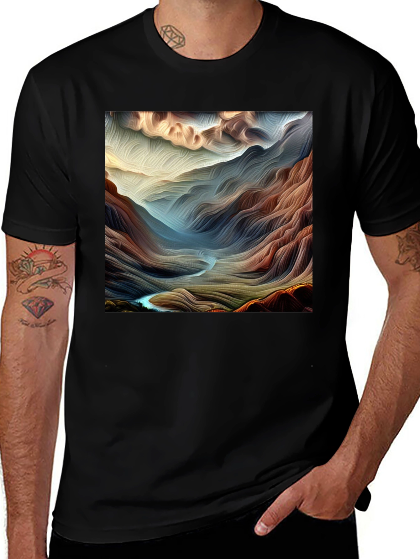 Abstract Mountain River Black T-Shirt