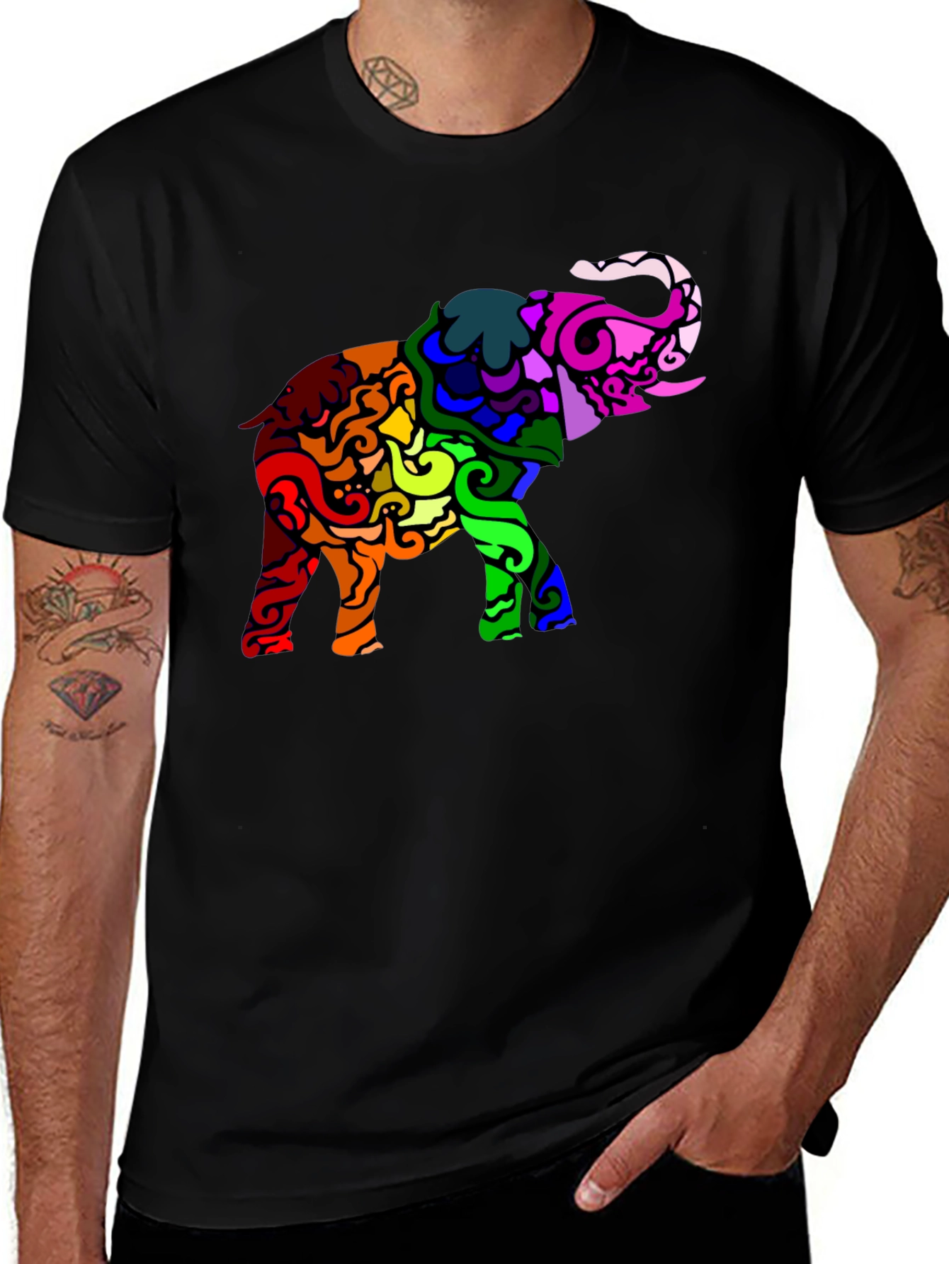Variant 24 of Rainbow Elephant Graphic Black T-Shirt