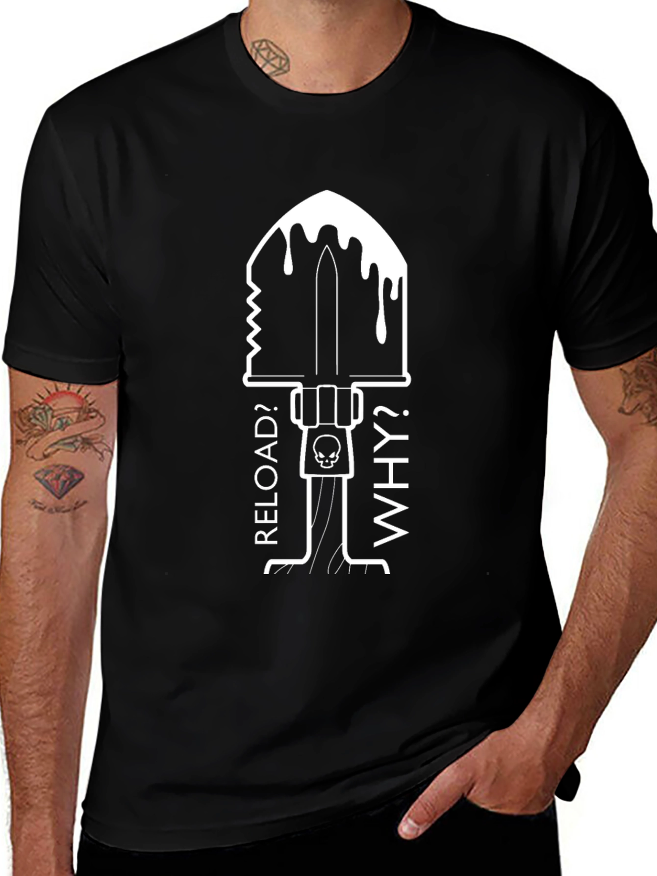 Variant 10 of Reload? Why? Graphic T-Shirt - Skull & Shovel Design
