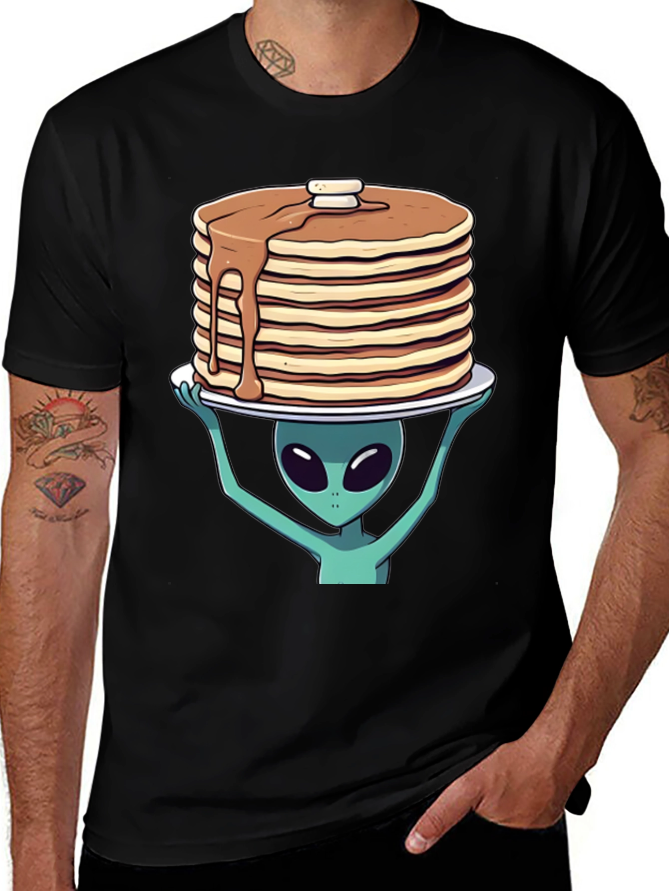 Black Alien Pancakes T-Shirt - Space Foodie Tee main image