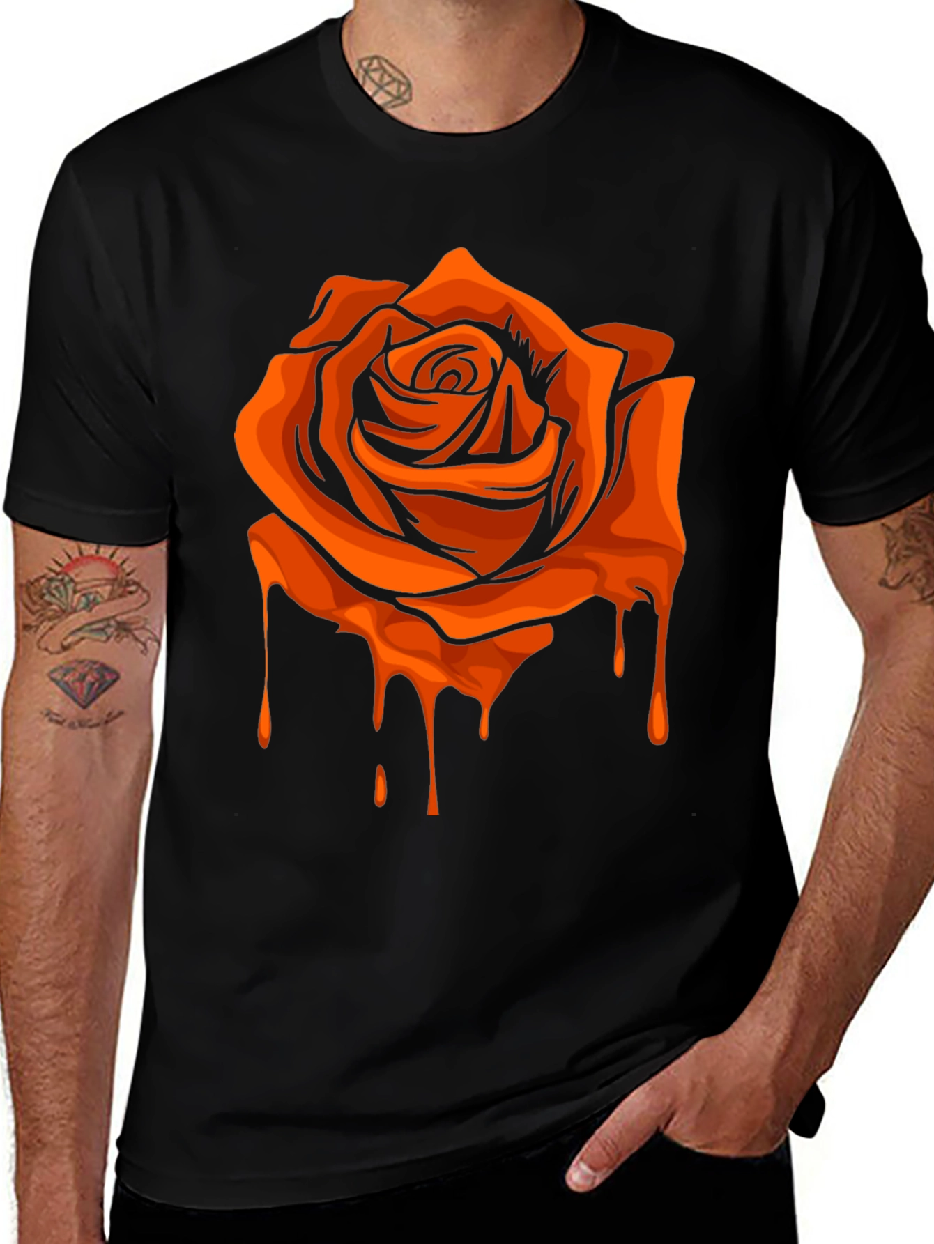 Variant 15 of Black T-Shirt with Orange Dripping Rose Graphic