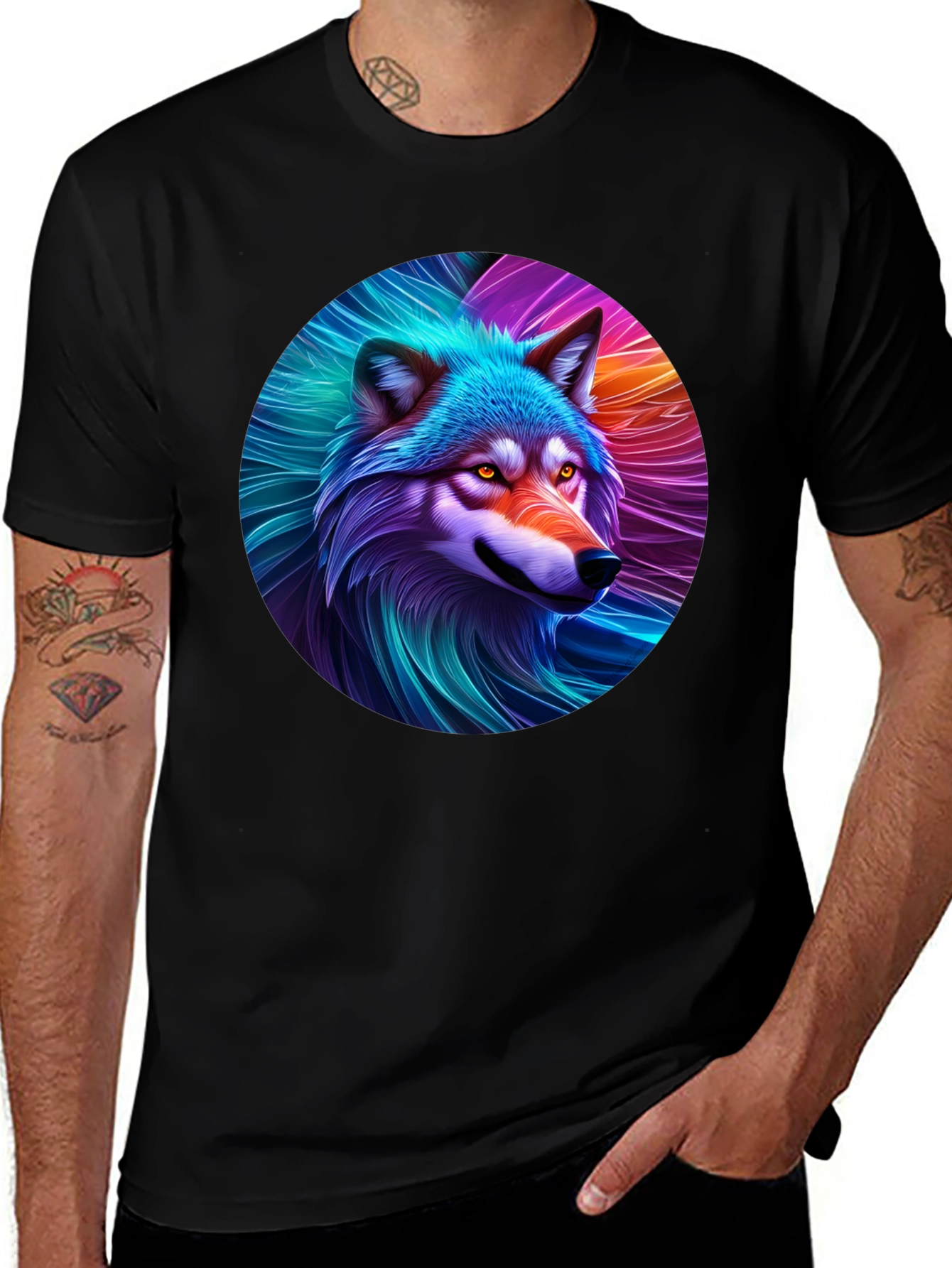 Variant 21 of Vibrant Wolf Graphic Tee - Stylish Men's Black T-Shirt