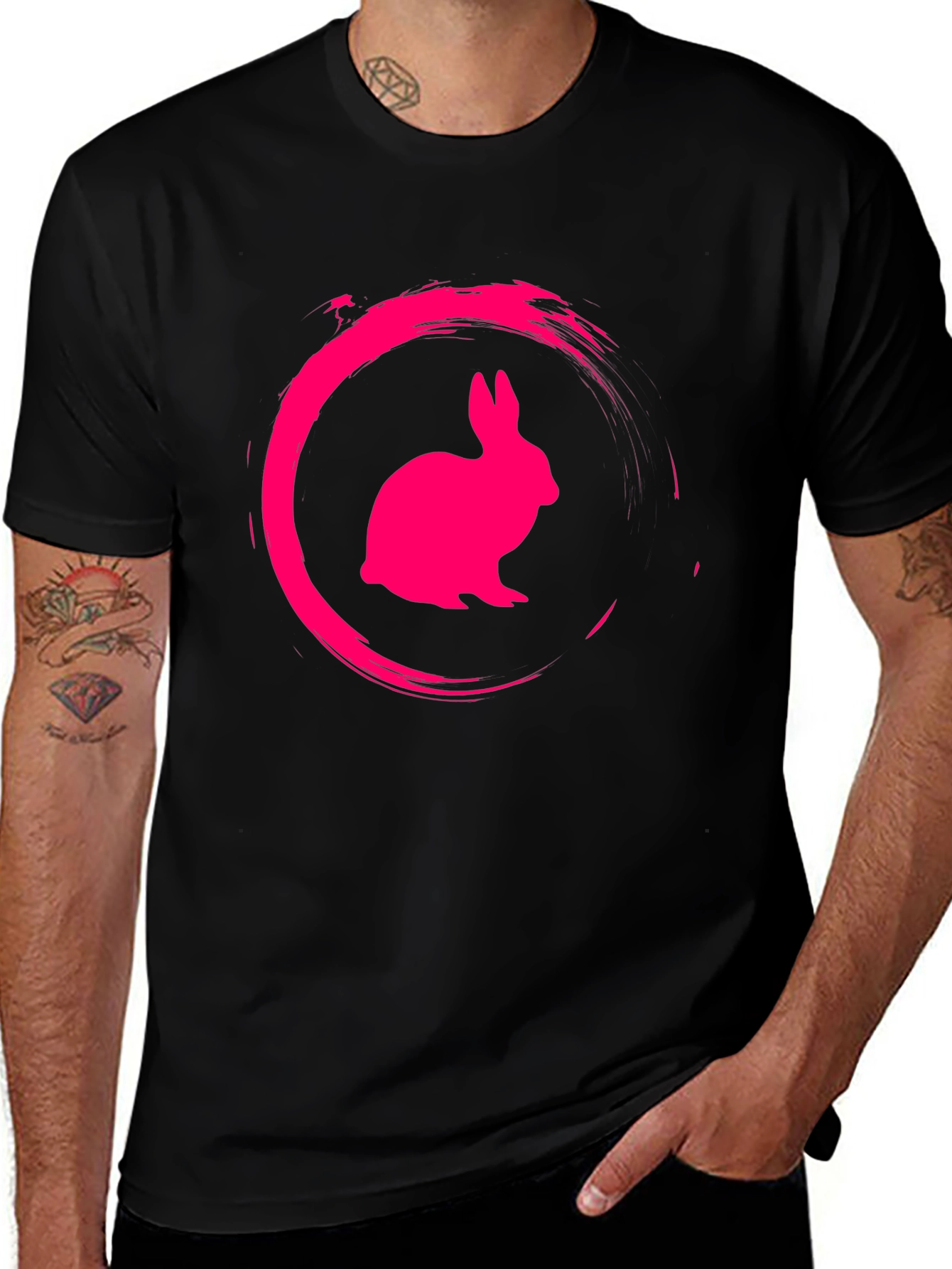 Variant 17 of Black Tee with Pink Rabbit Circle Graphic