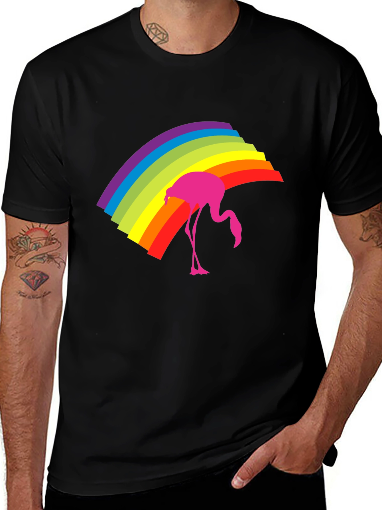 Variant 13 of Rainbow Flamingo Graphic Tee - Stylish Black T-Shirt