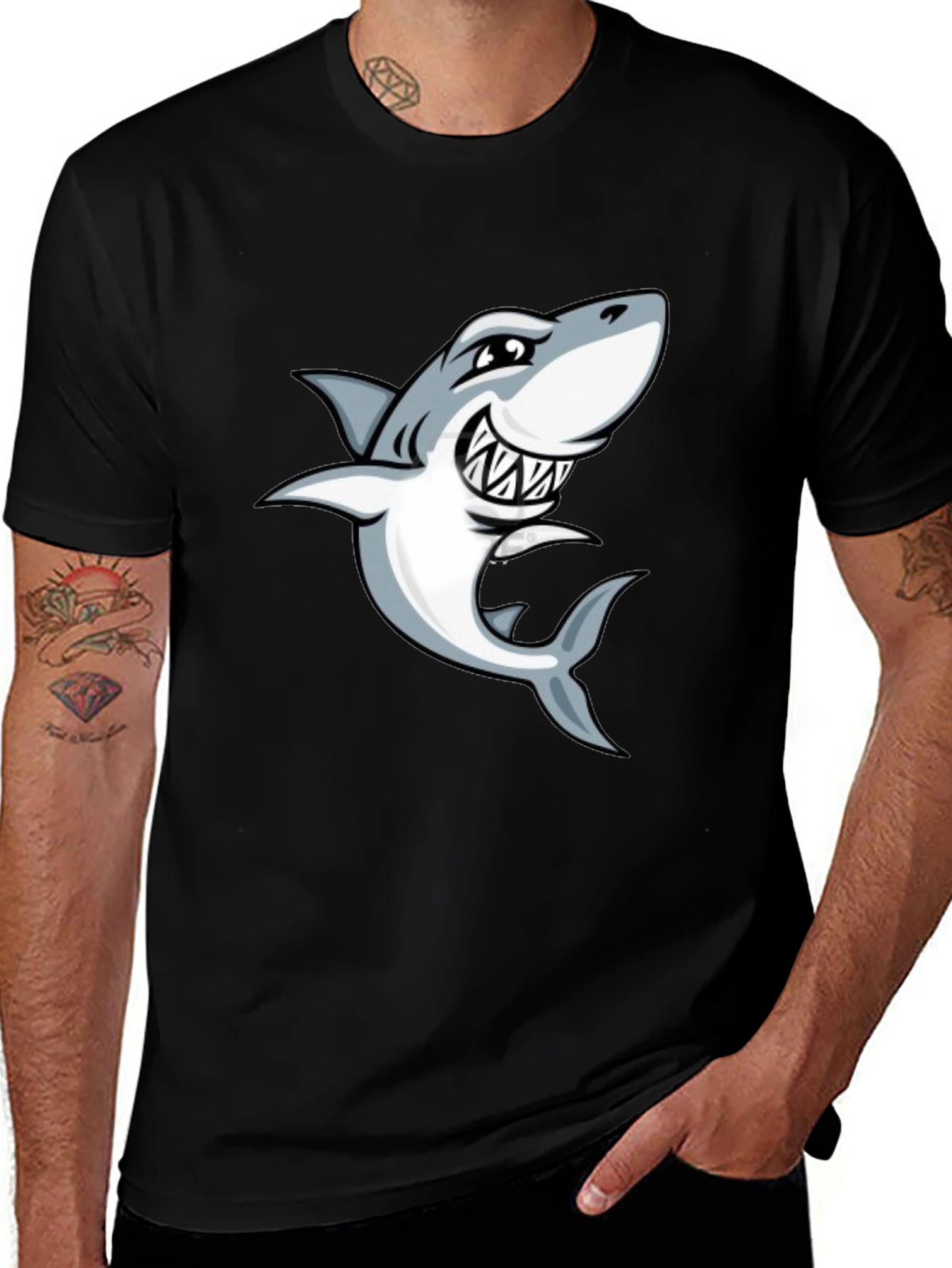 Variant 3 of Men's Black T-Shirt with Cartoon Shark Graphic