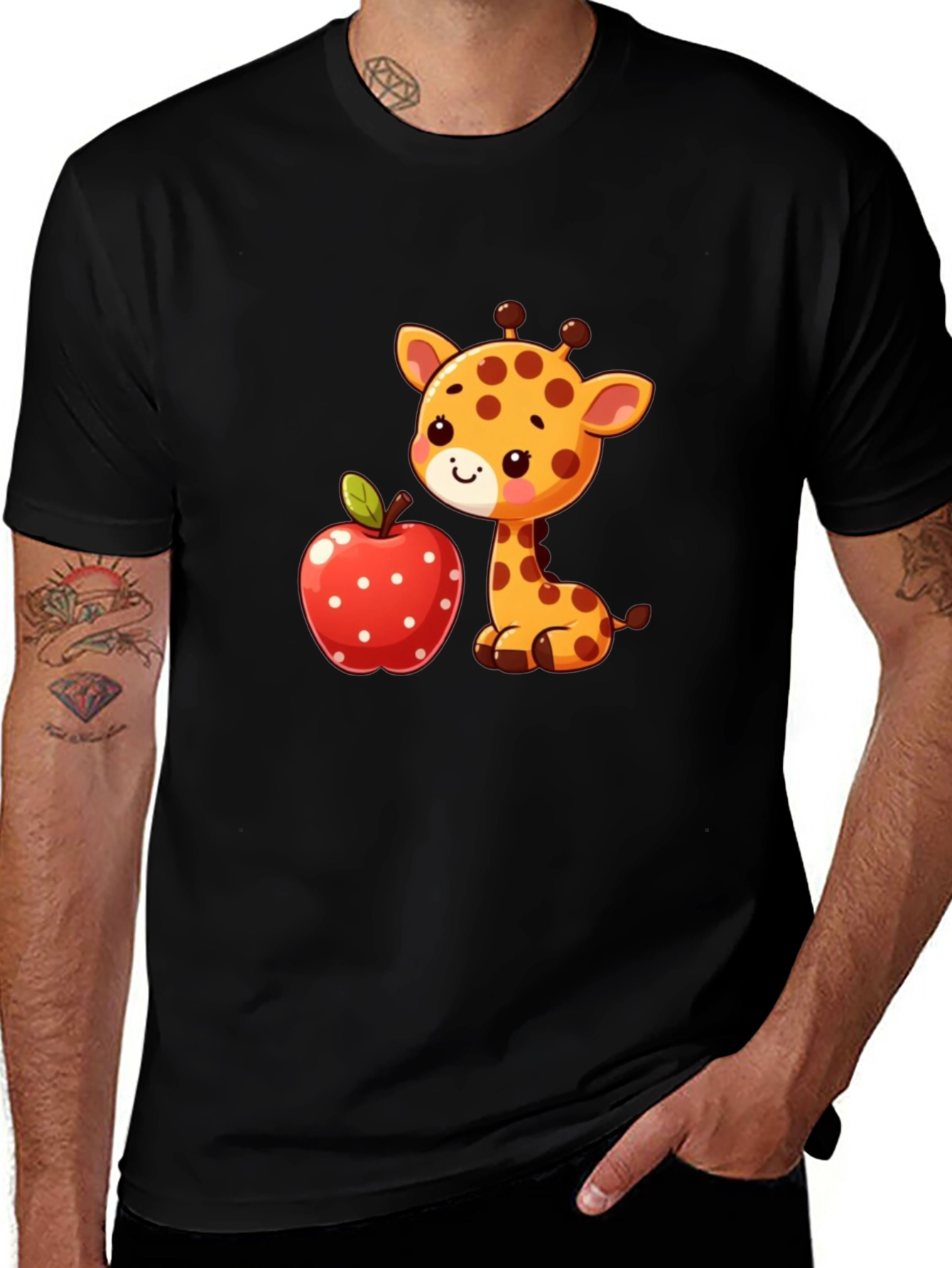Variant 29 of Cute Giraffe & Apple Graphic Black T-Shirt
