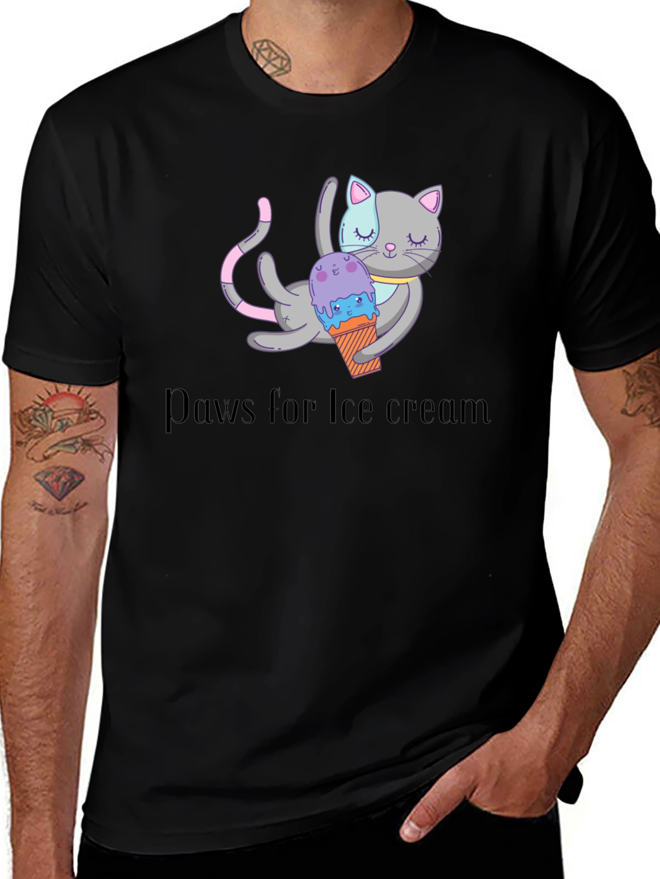 Variant 5 of Paws for Ice Cream Black T-Shirt - Cute Cat Graphic
