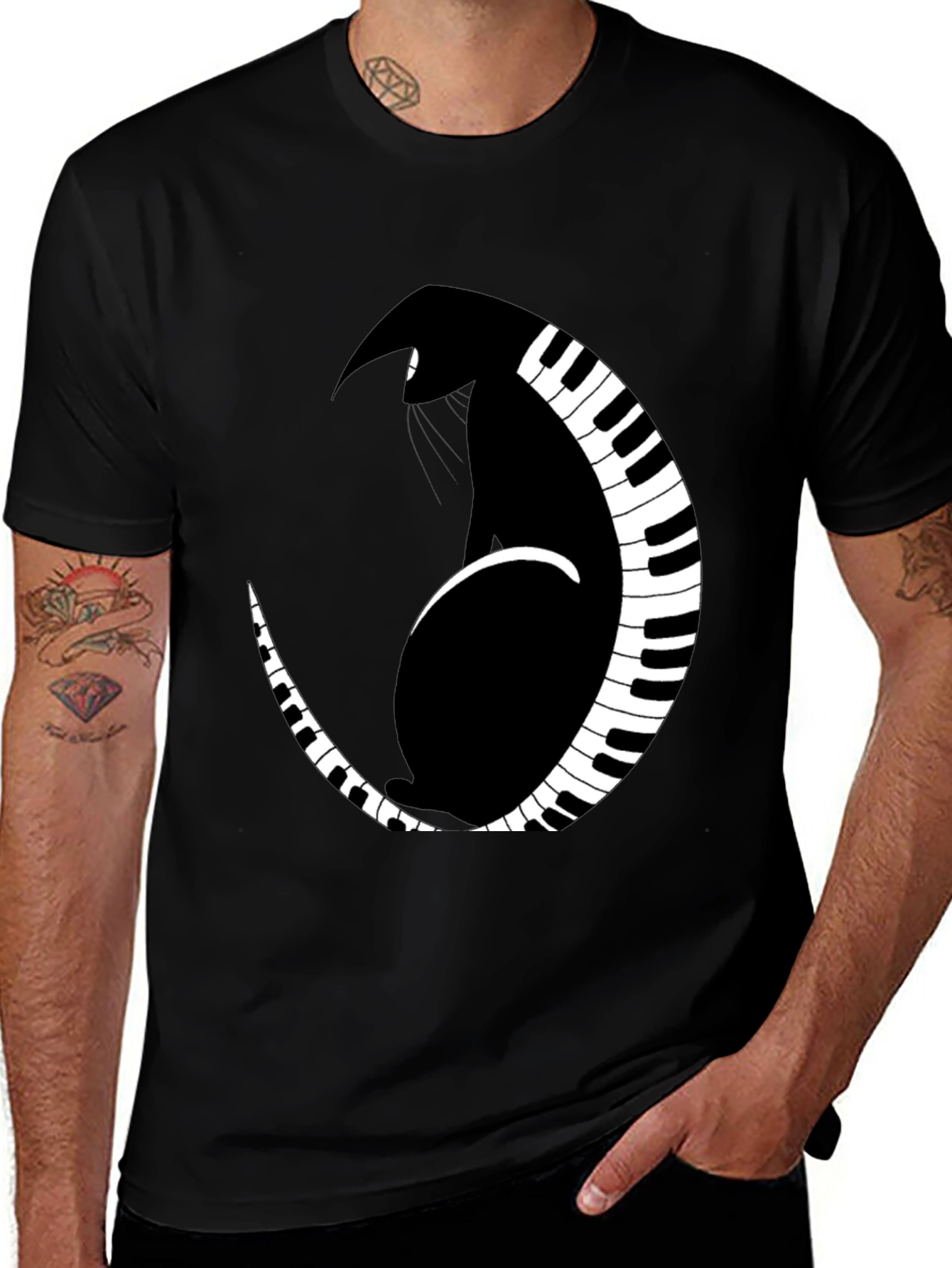 Variant 7 of Cat Moon Piano Keys T-Shirt - Black