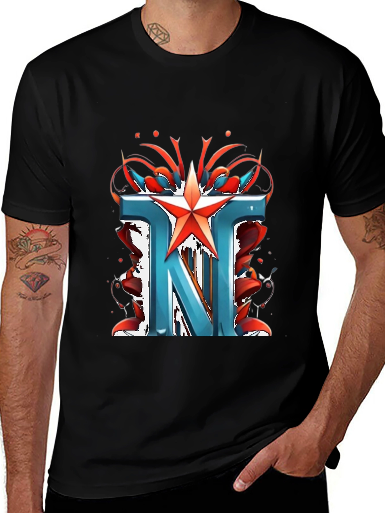 Letter N Star Graphic Black T-Shirt