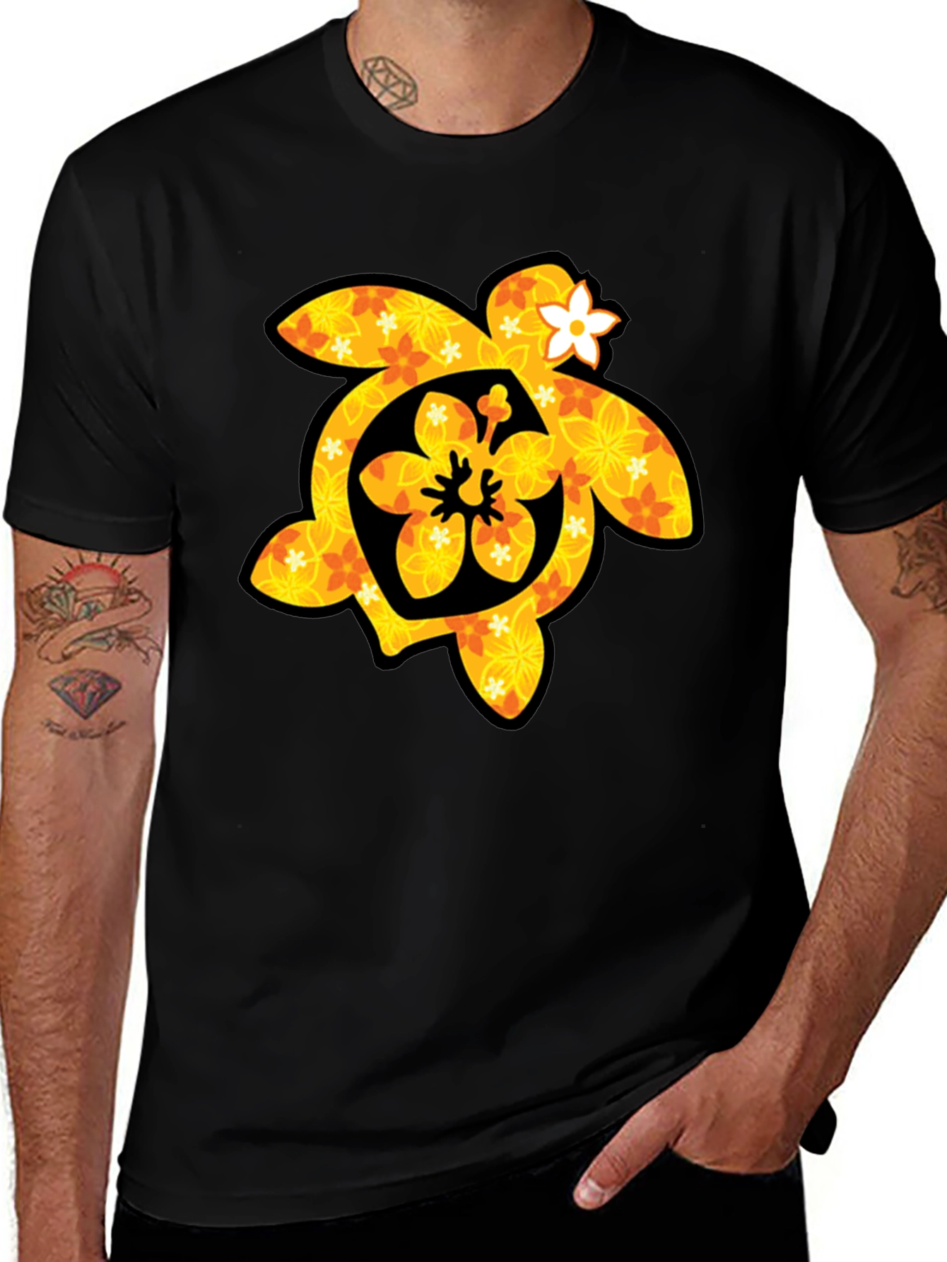 Variant 8 of Floral Turtle Graphic Tee - Black Cotton T-Shirt
