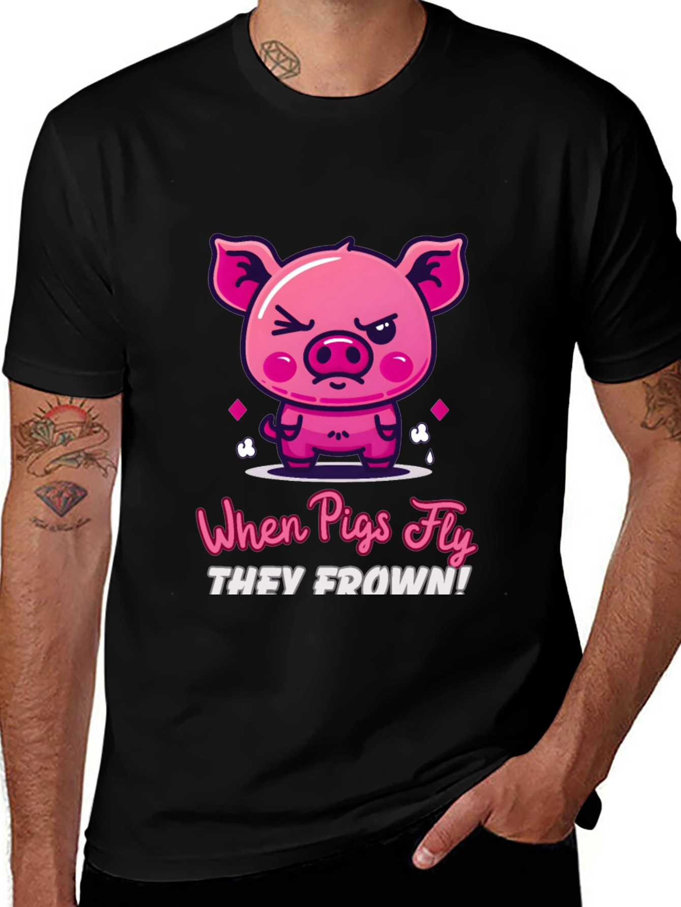 Variant 26 of Funny Pig T-Shirt - When Pigs Fly They Frown!