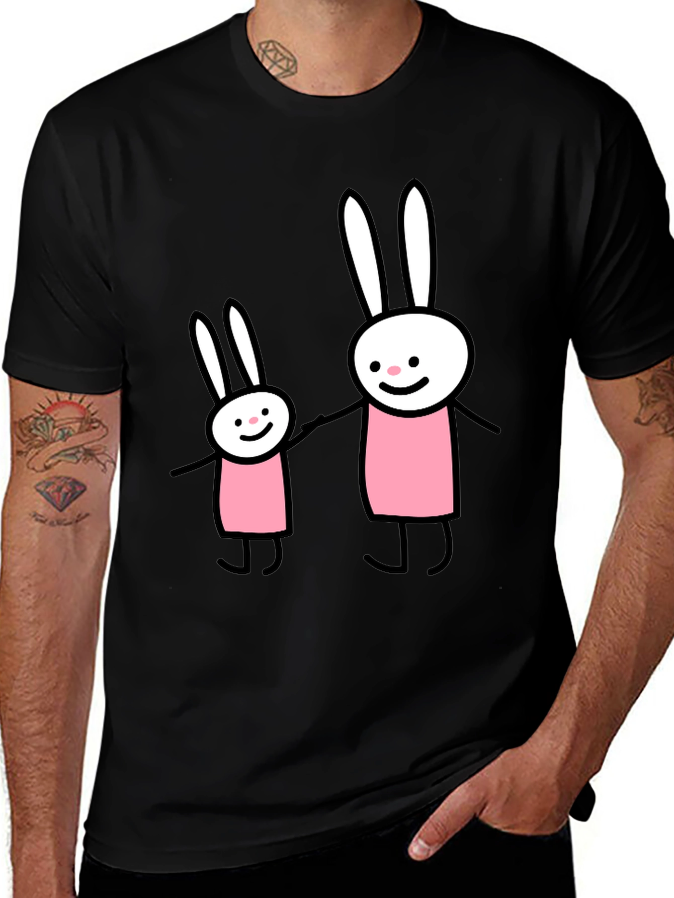 Whimsical Bunny Duo Graphic Tee - Black