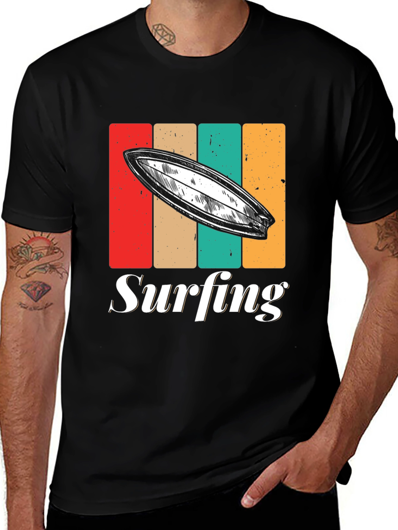 Variant 26 of Retro Surfing T-Shirt - Black Surfboard Tee