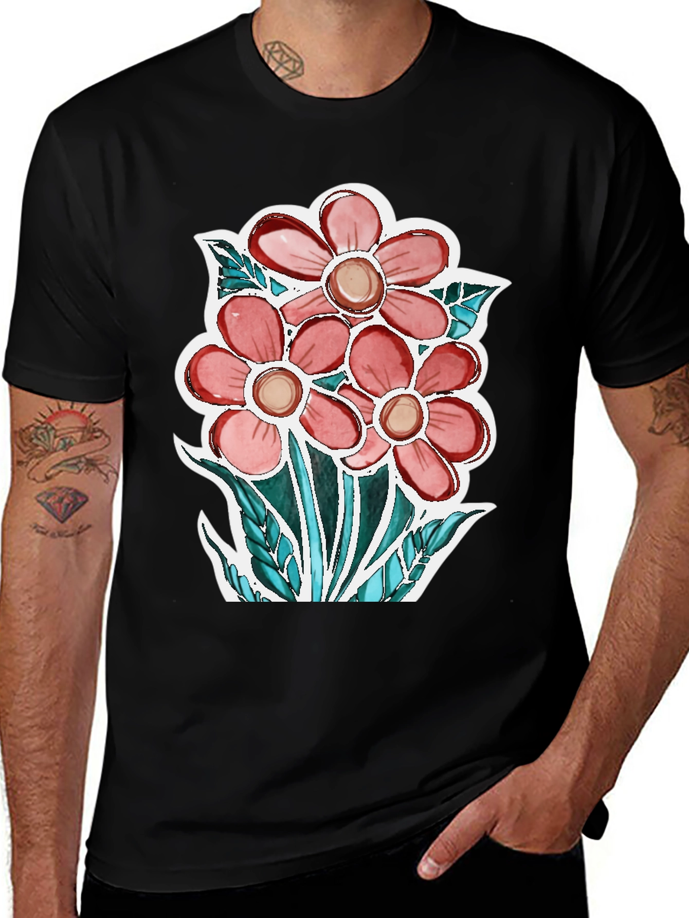 Variant 24 of Floral Graphic Tee - Pink Flower Design, Black T-Shirt