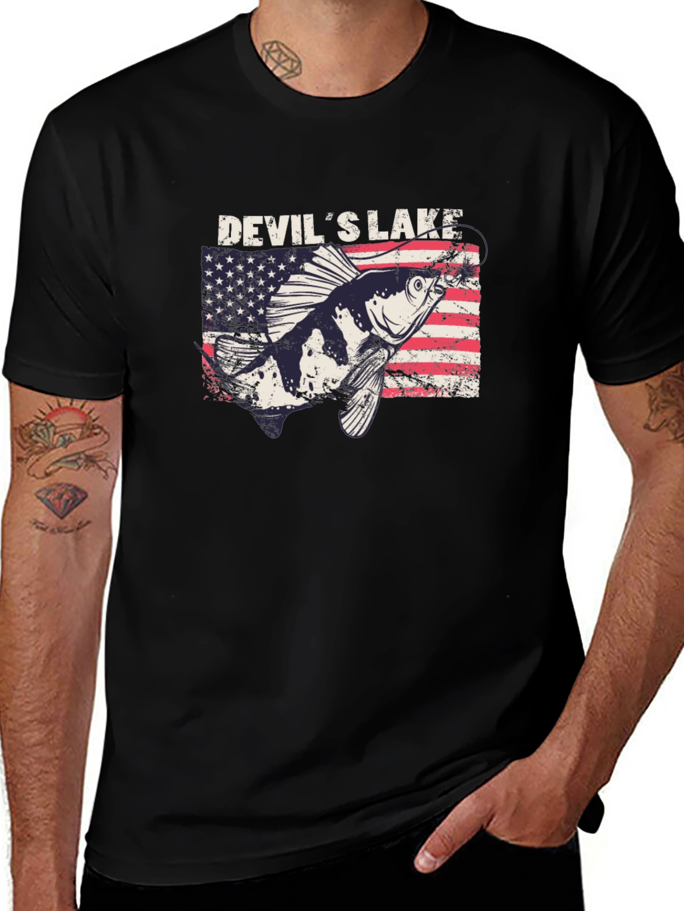 Variant 24 of Devil's Lake Fishing T-Shirt - Patriotic Angler Tee