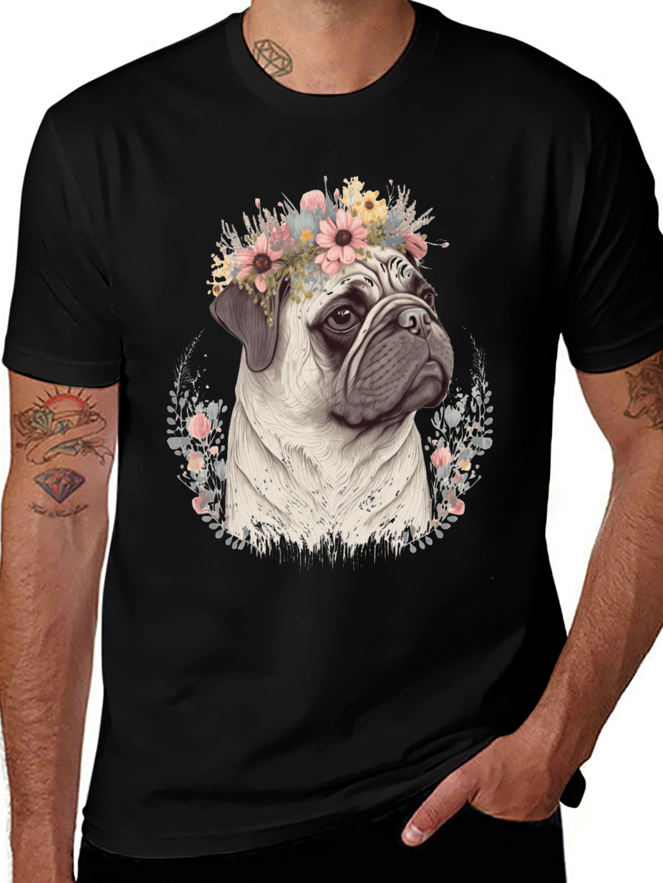 Variant 24 of Pug Flower Crown Graphic T-Shirt - Black
