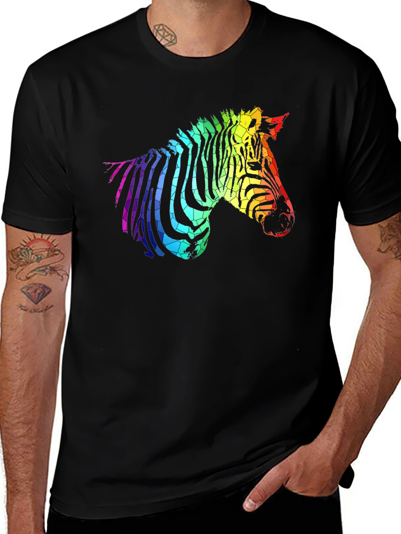 Variant 26 of Rainbow Zebra Graphic Tee - Black Cotton Shirt