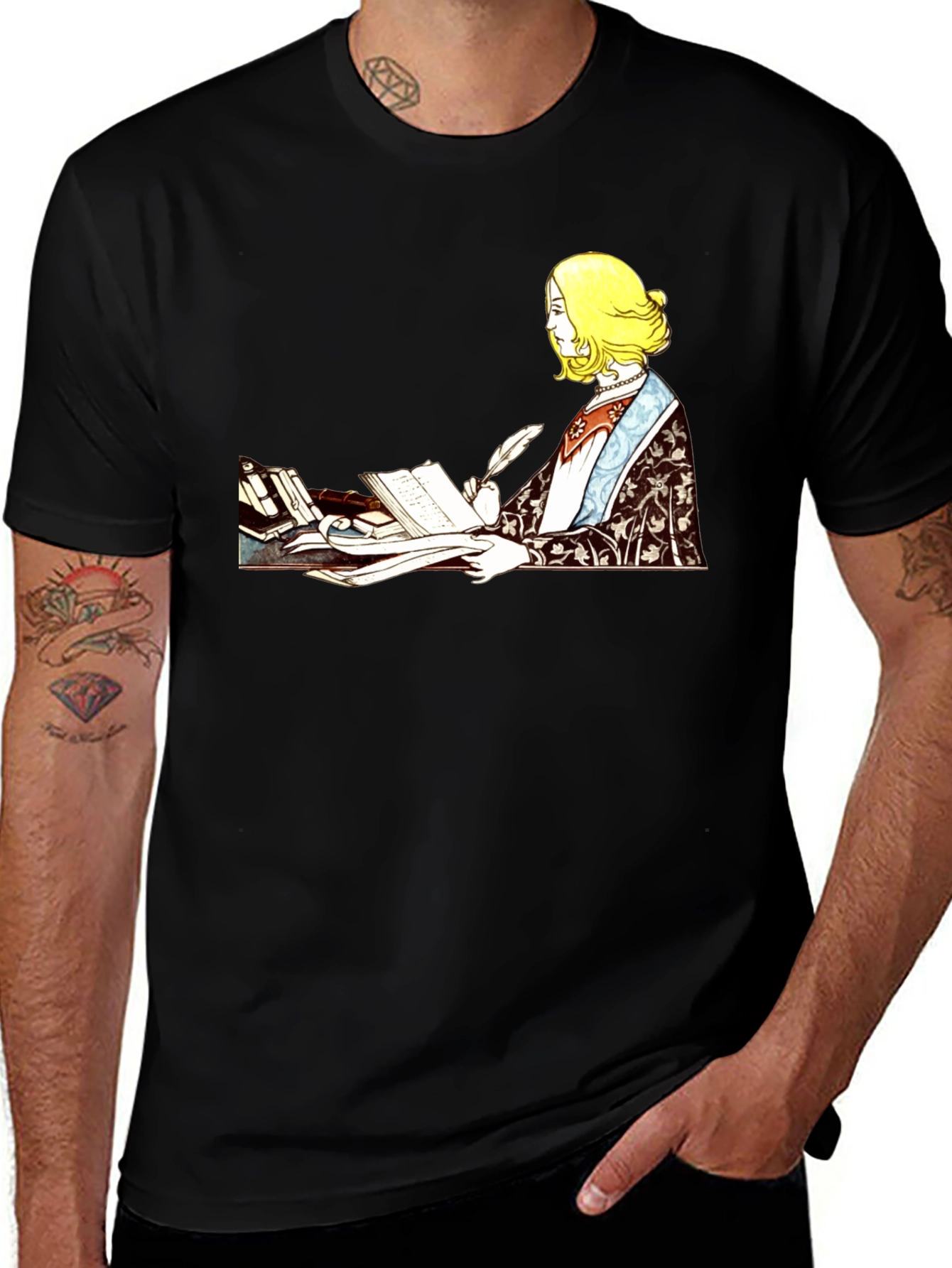 Variant 15 of Literary Black T-Shirt: Writing Woman Design
