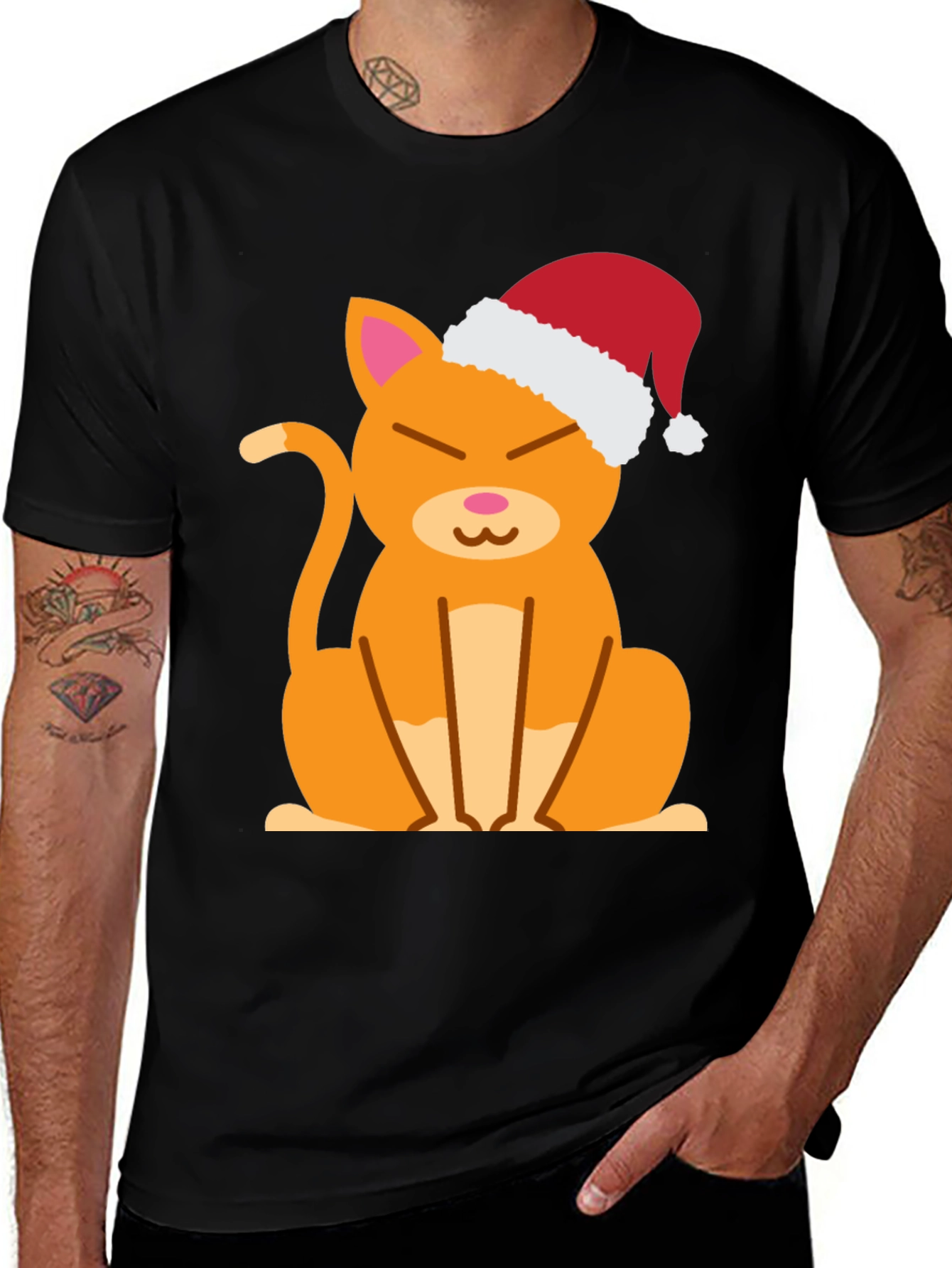 Black Festive Cat Tee - Santa Hat Cute Kitten Shirt main image