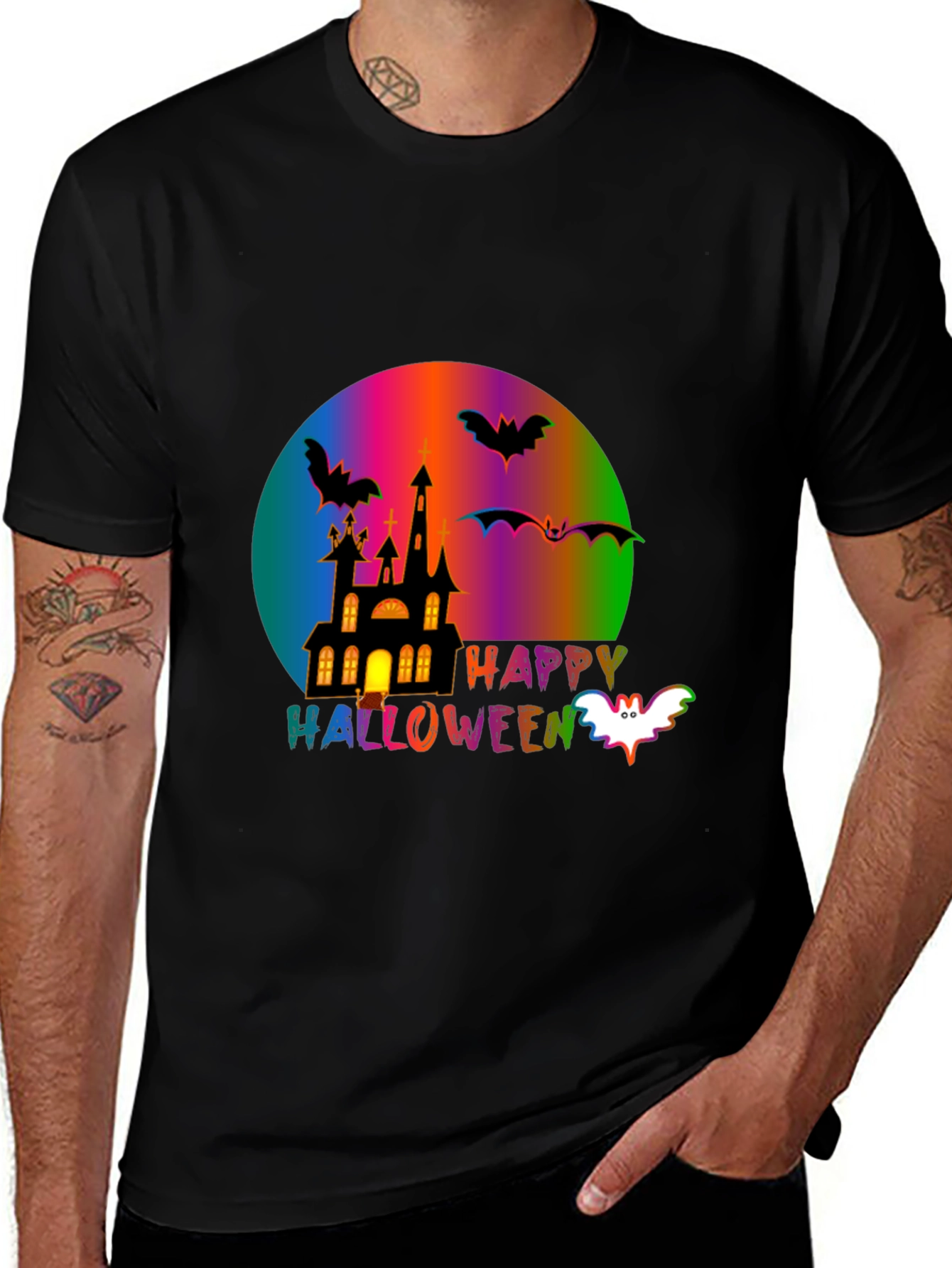 Happy Halloween T-Shirt with Spooky Castle and Bats