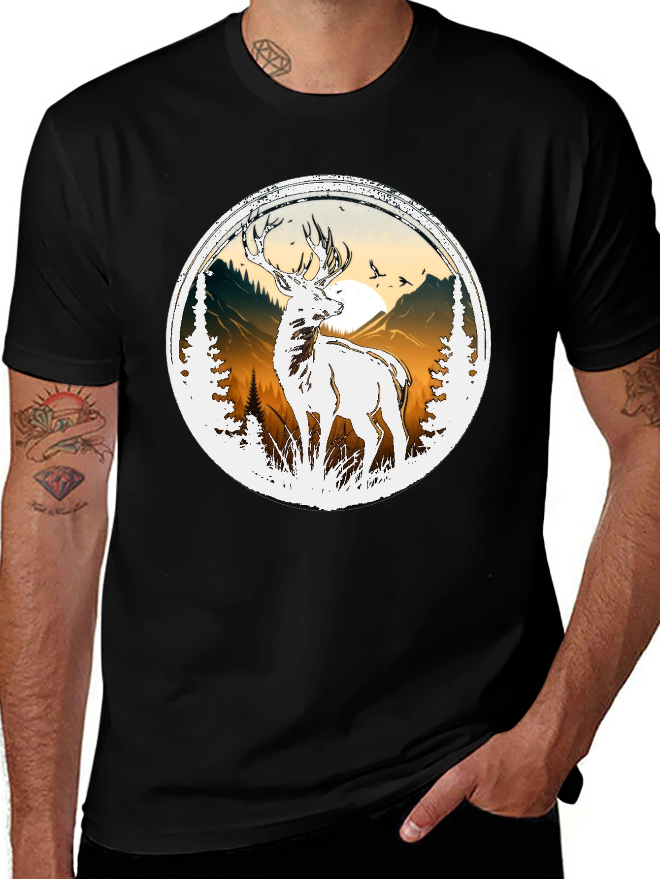 Variant 25 of Deer Nature Graphic Tee - Men's Black T-Shirt