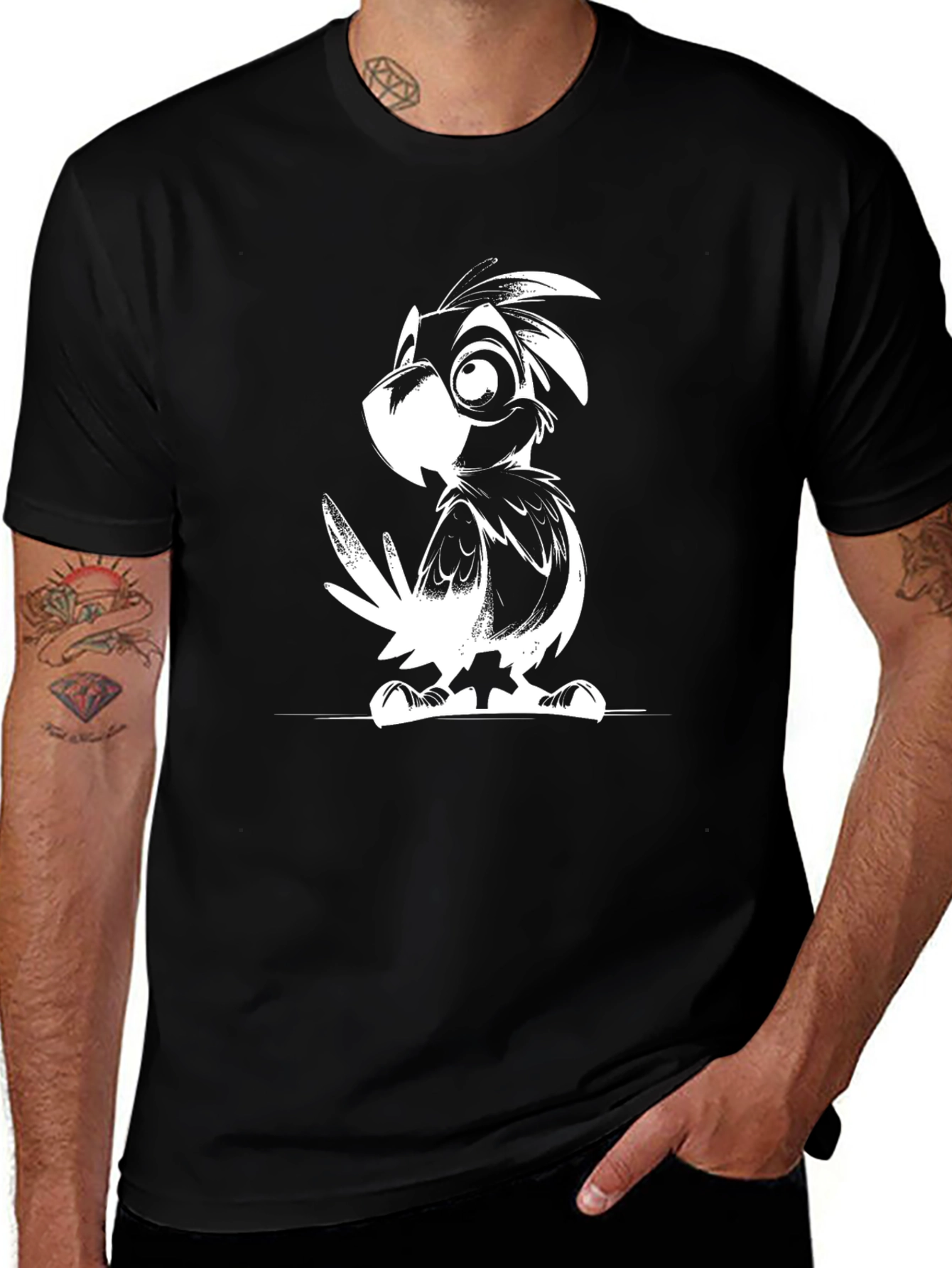 Cartoon Bird Graphic Tee - Black Casual T-Shirt