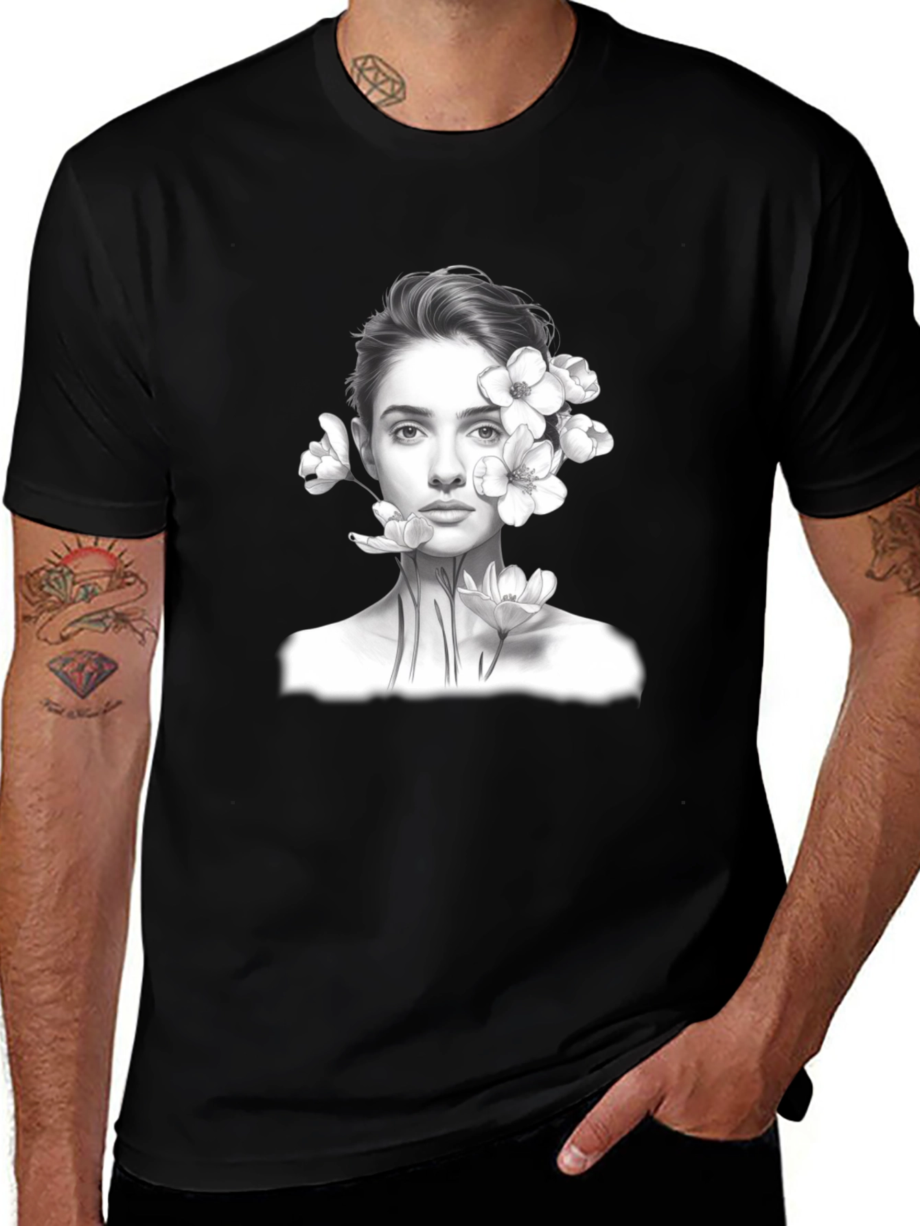 Variant 21 of Floral Portrait Graphic Tee - Black