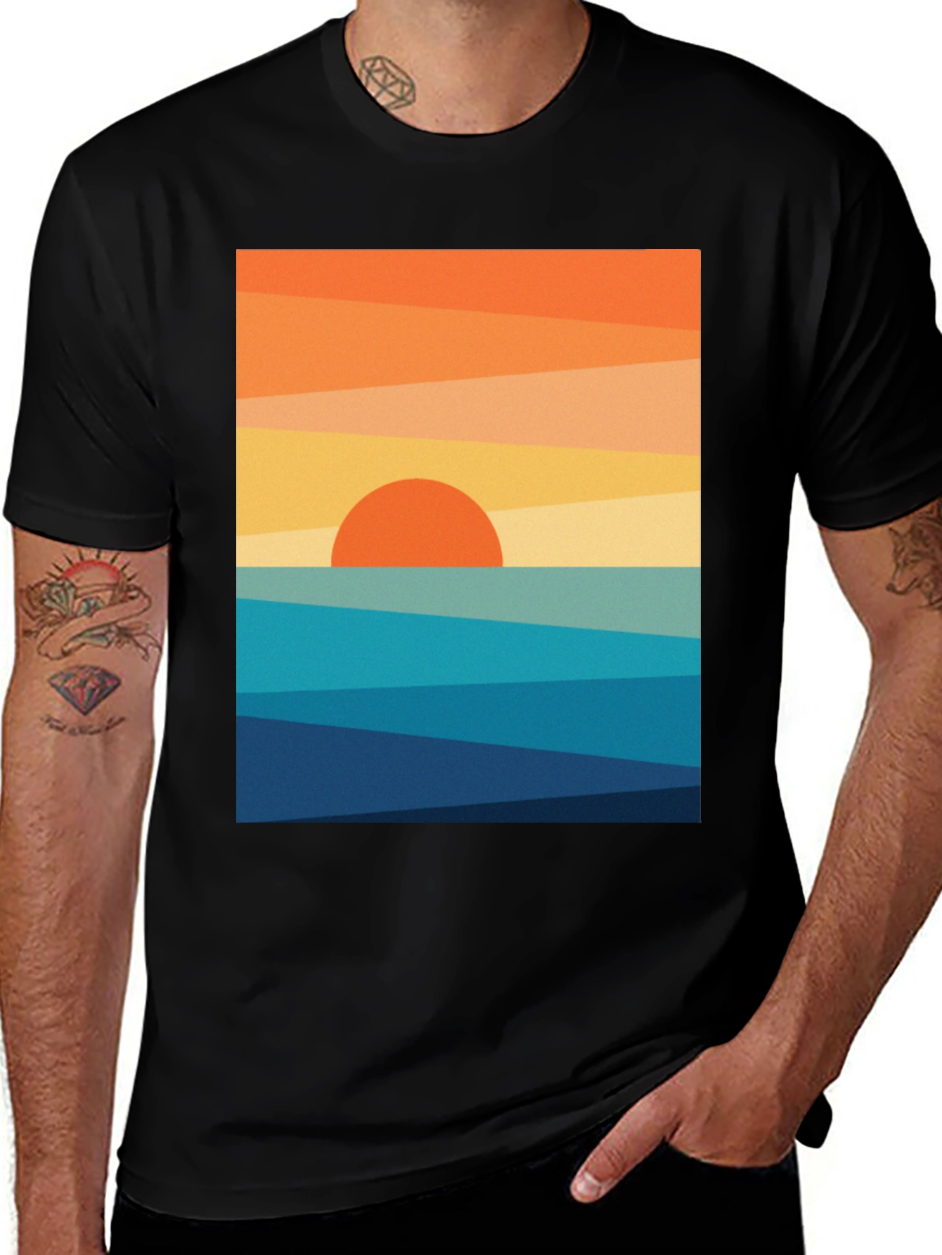 Geometric Sunset Graphic Tee - Modern Coastal Design