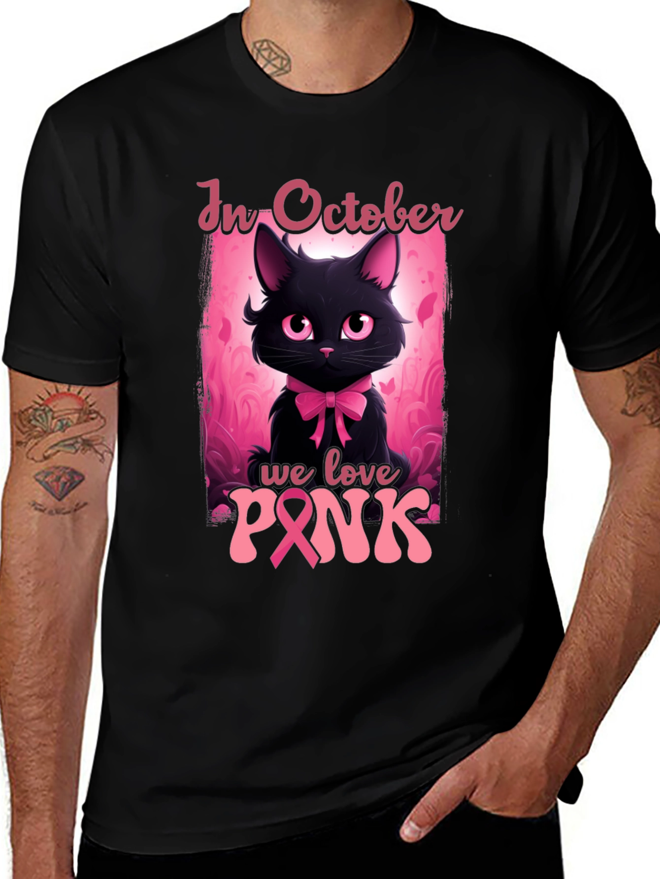 October Breast Cancer Awareness Black Cat T-Shirt