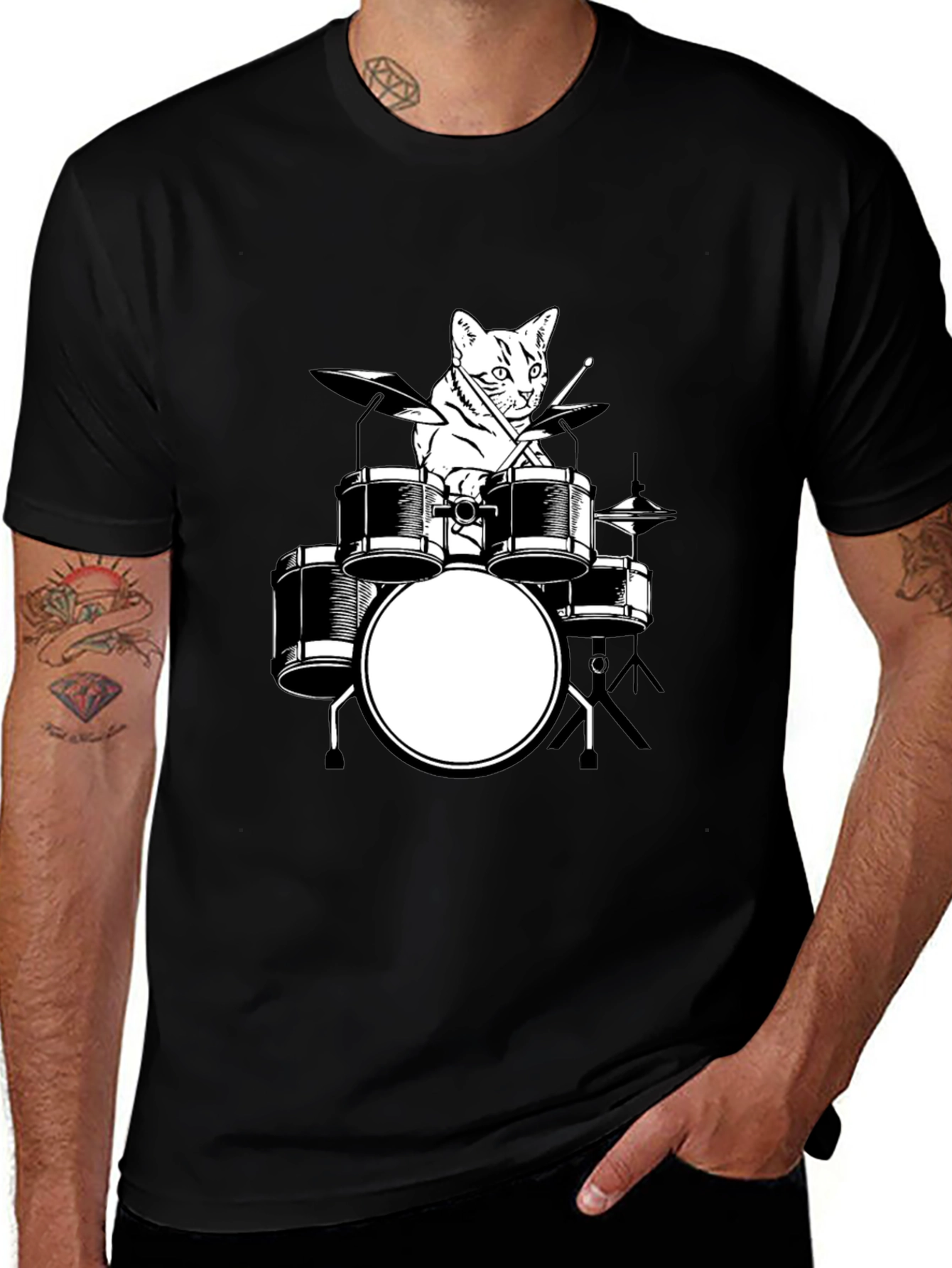 Variant 22 of Cat Drummer Graphic T-Shirt - Black Cotton Tee