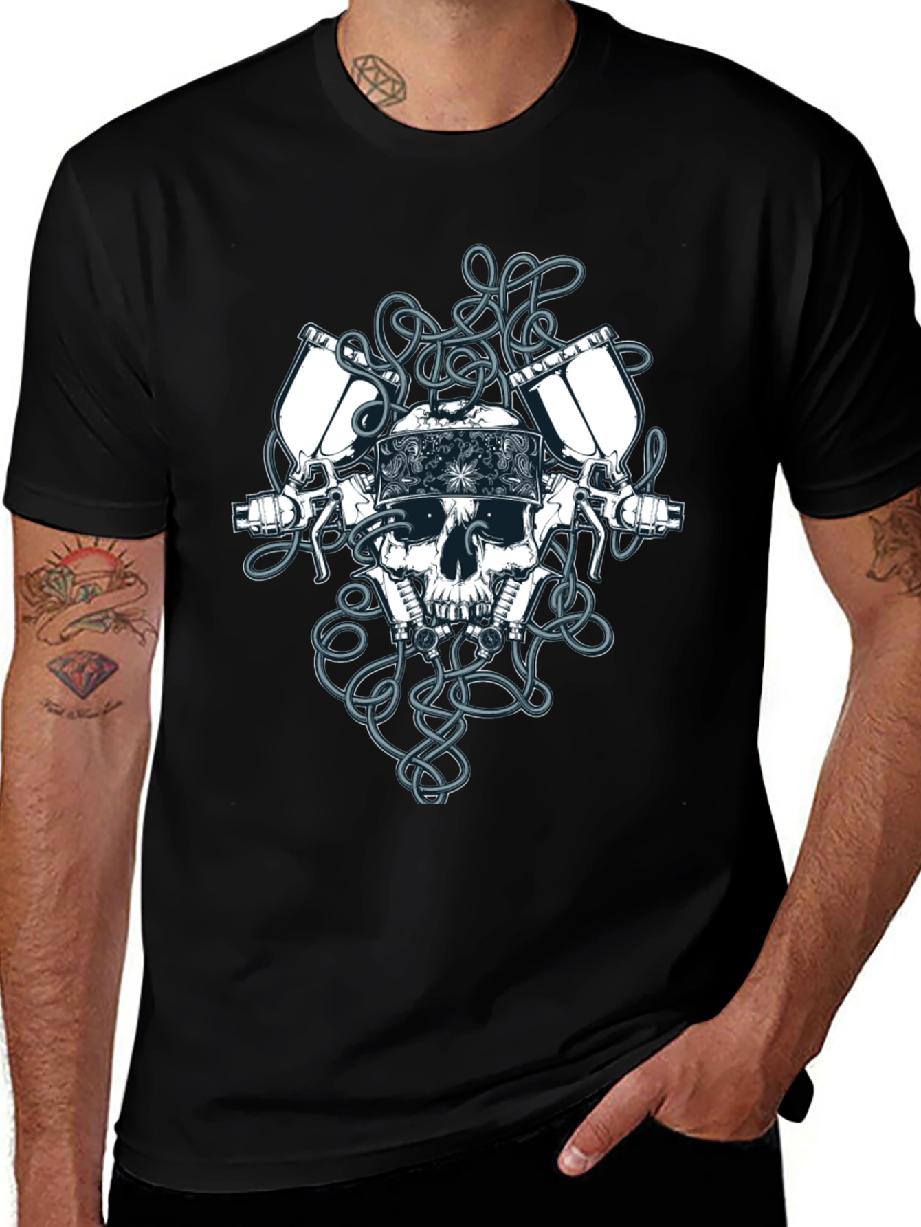Variant 9 of Skull & Spray Guns Graphic Tee - Cool Tattoo Design