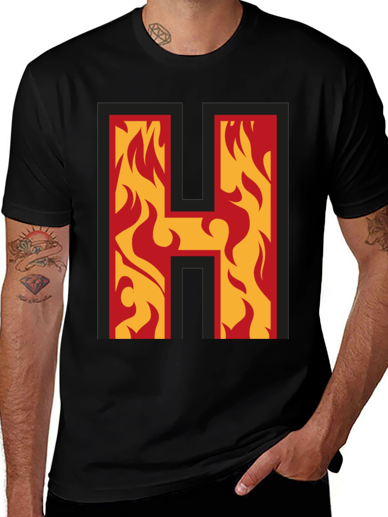 Variant 12 of Flaming Letter H Black T-Shirt