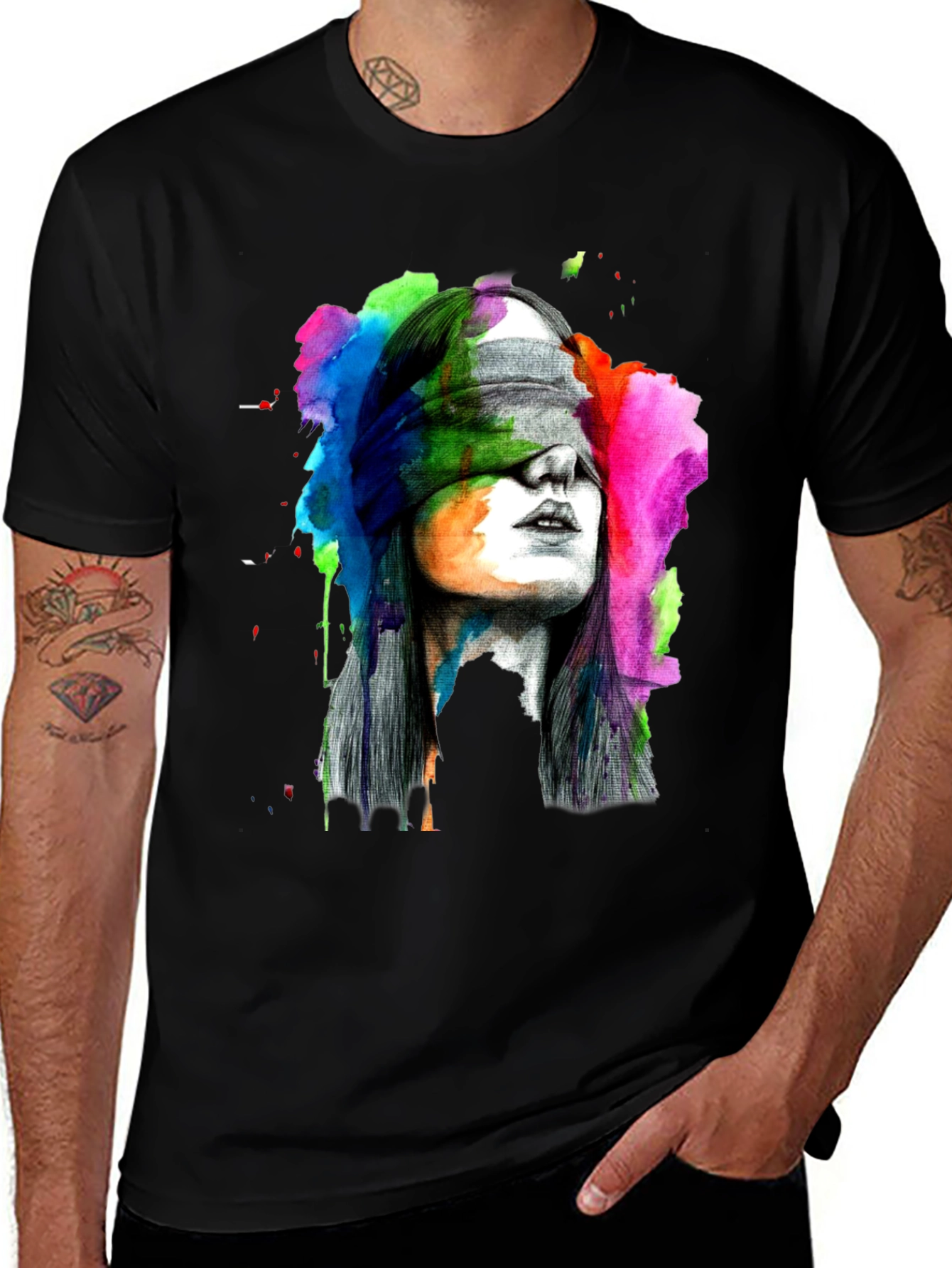 Variant 3 of Blindfolded Woman Graphic Tee - Artistic Black T-Shirt