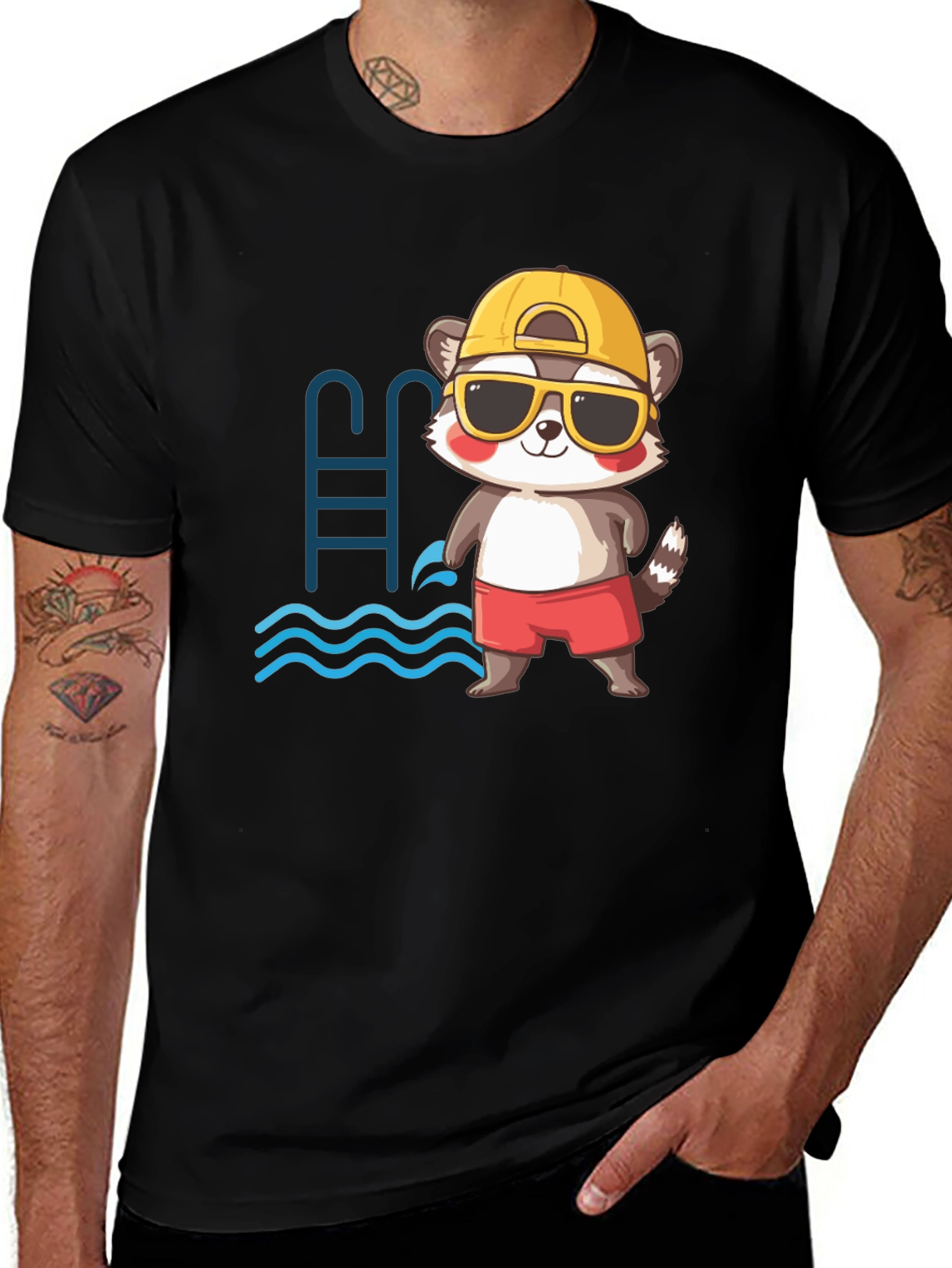 Variant 6 of Funny Raccoon Swimmer Black T-Shirt