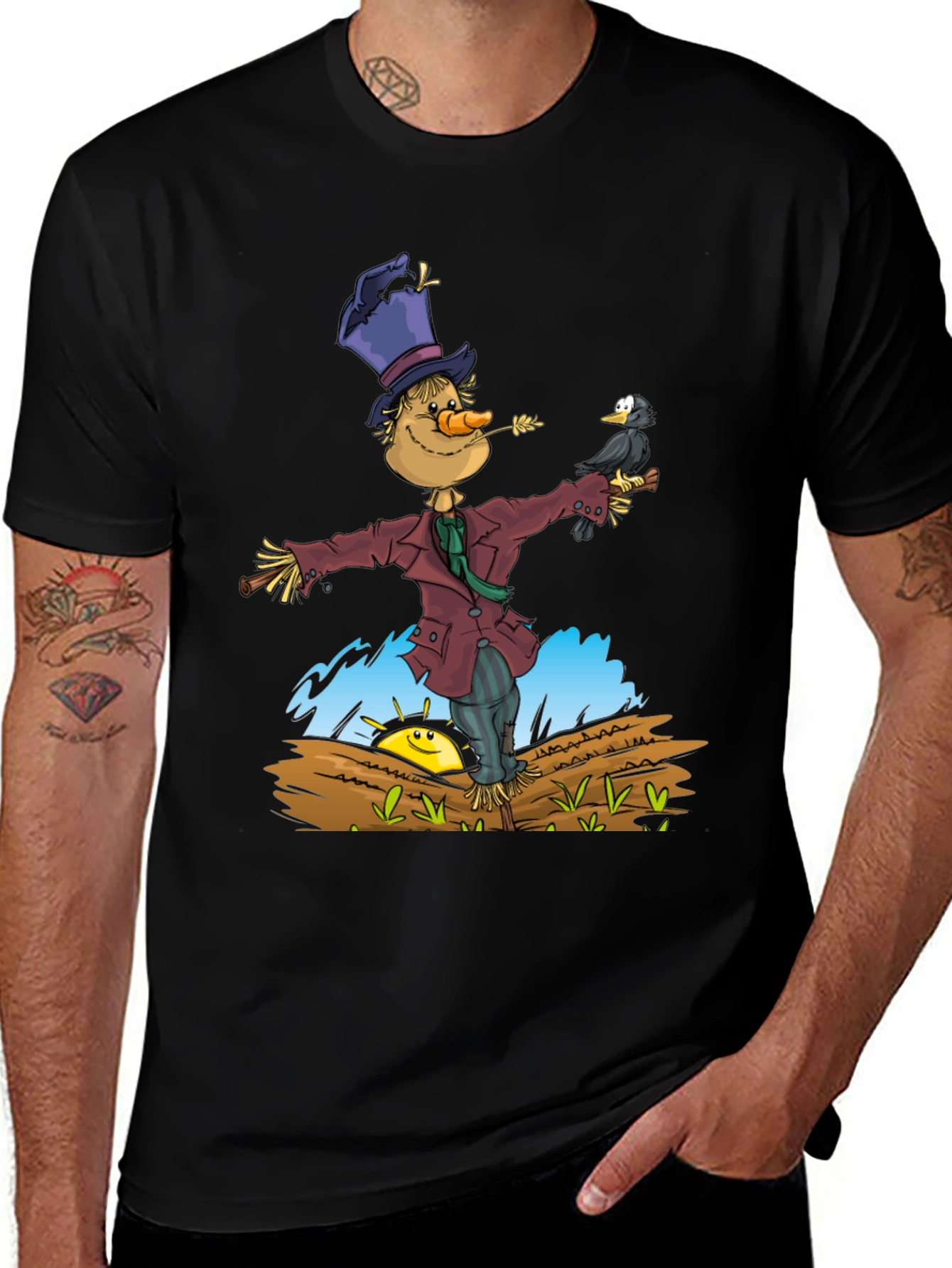 Black Scarecrow & Crow Graphic Tee - Black Cotton T-Shirt main image