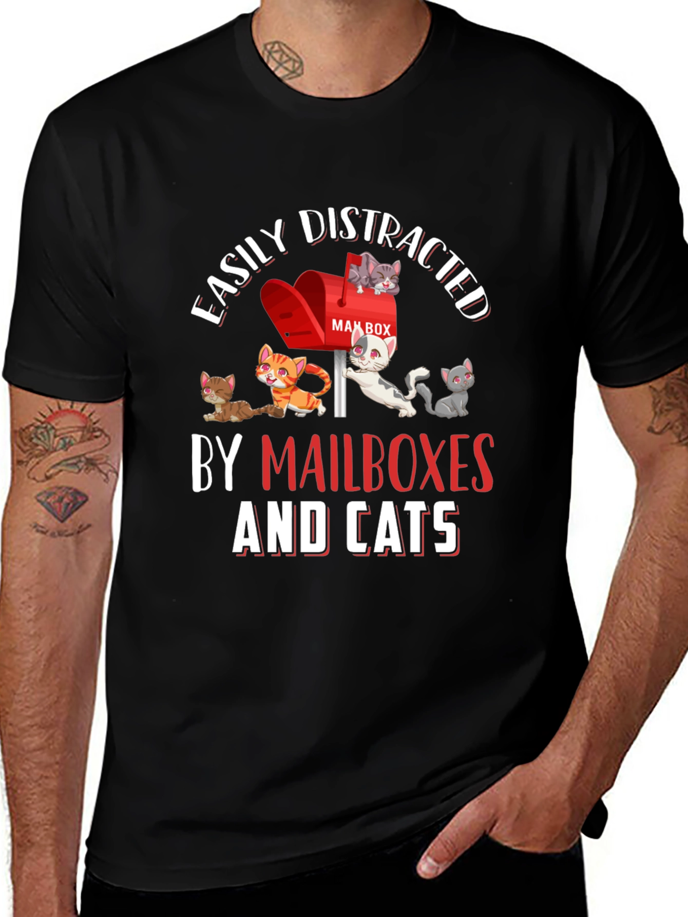 Variant 24 of Easily Distracted by Mailboxes and Cats Black T-Shirt
