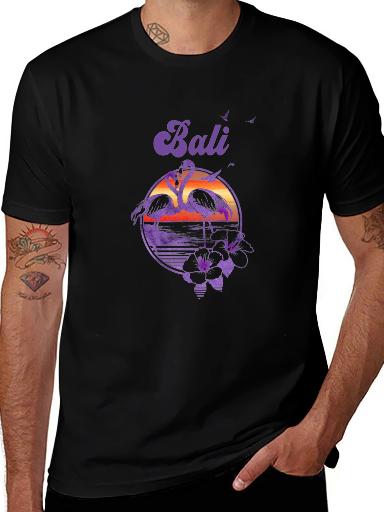 Black Bali Flamingo Sunset Graphic Tee - Tropical Island Style main image
