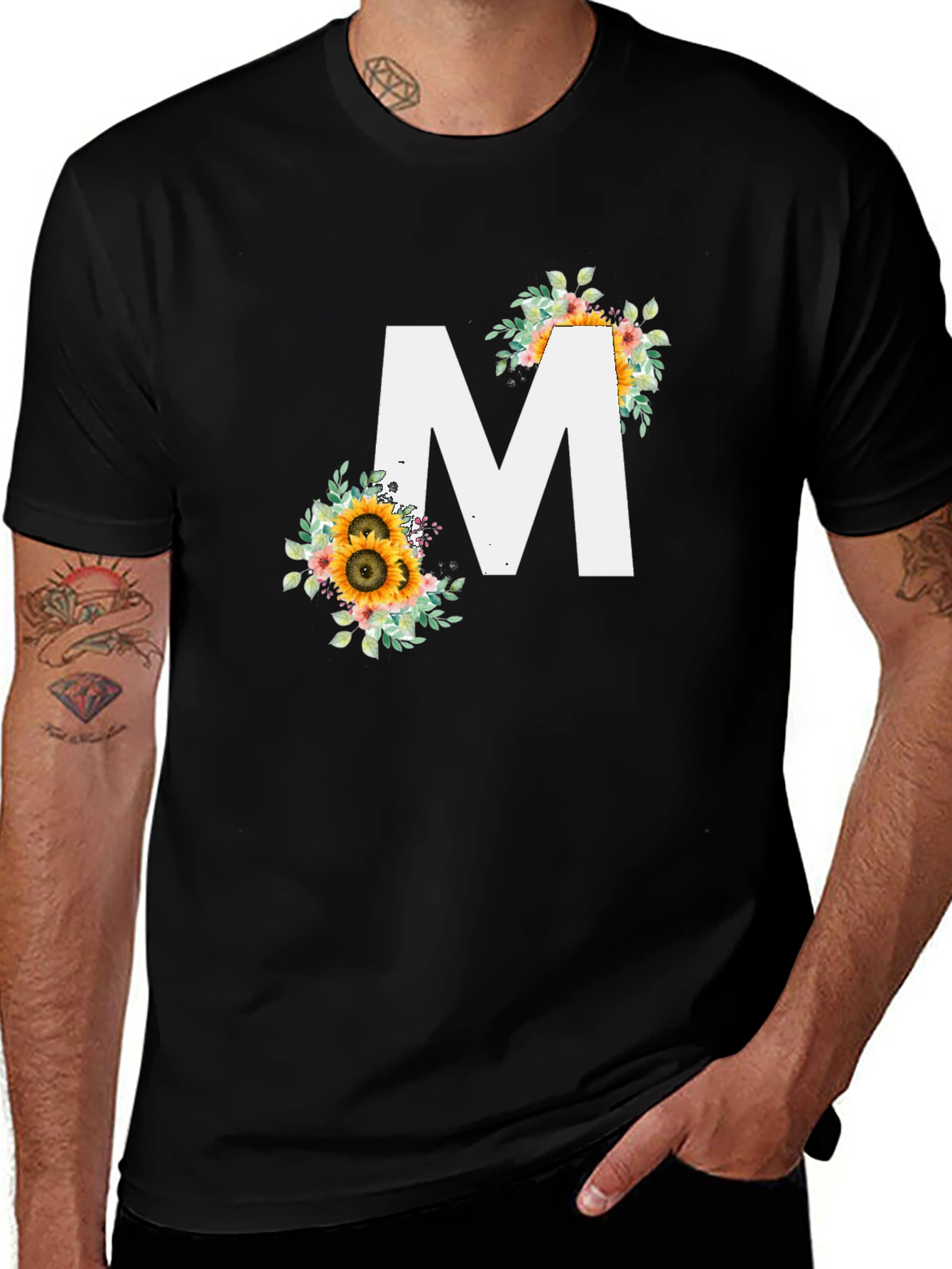 Floral Letter "M" Black T-Shirt