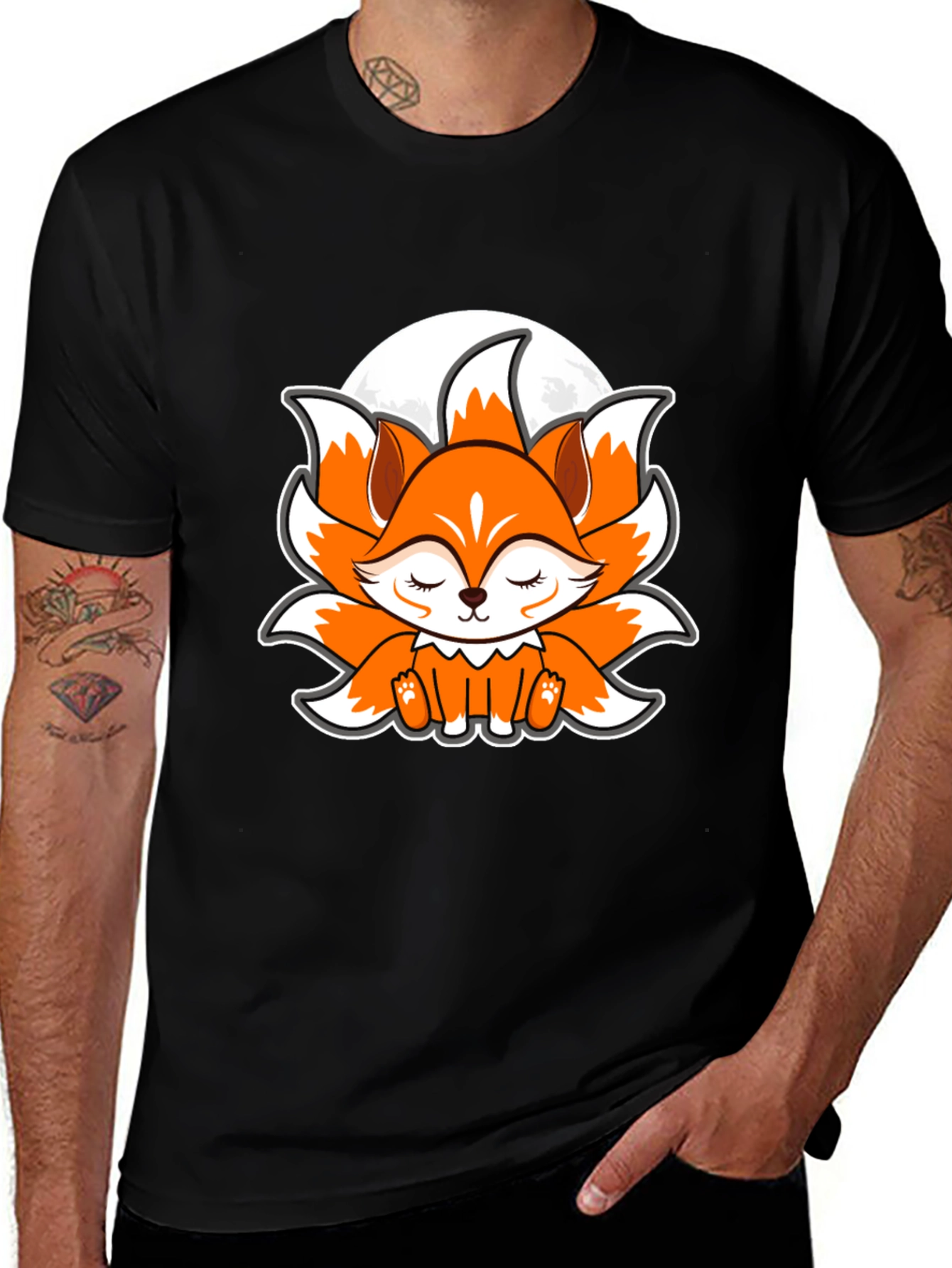 Variant 6 of Cute Anime Fox Graphic Tee - Black Cotton T-Shirt