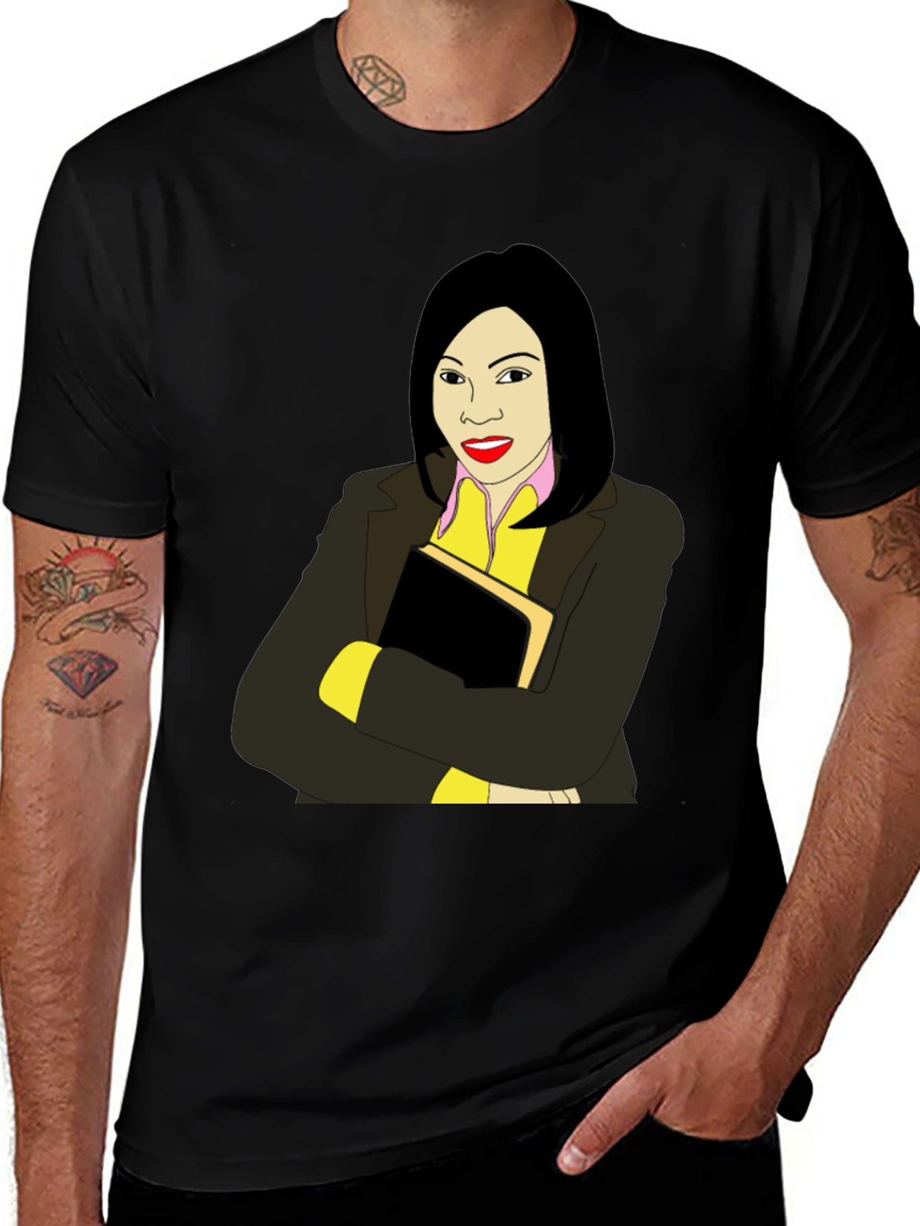 Illustrated Woman on Black T-Shirt