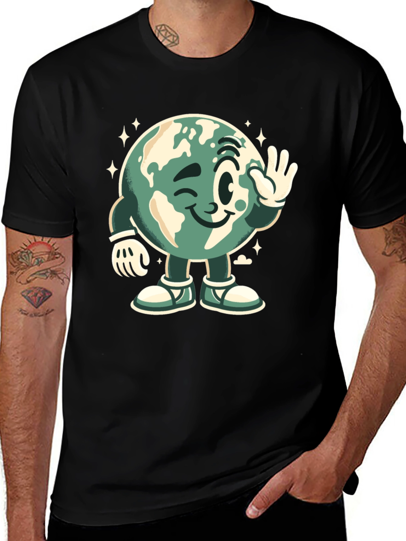 Variant 3 of Earth Character Graphic Tee - Black Casual T-Shirt