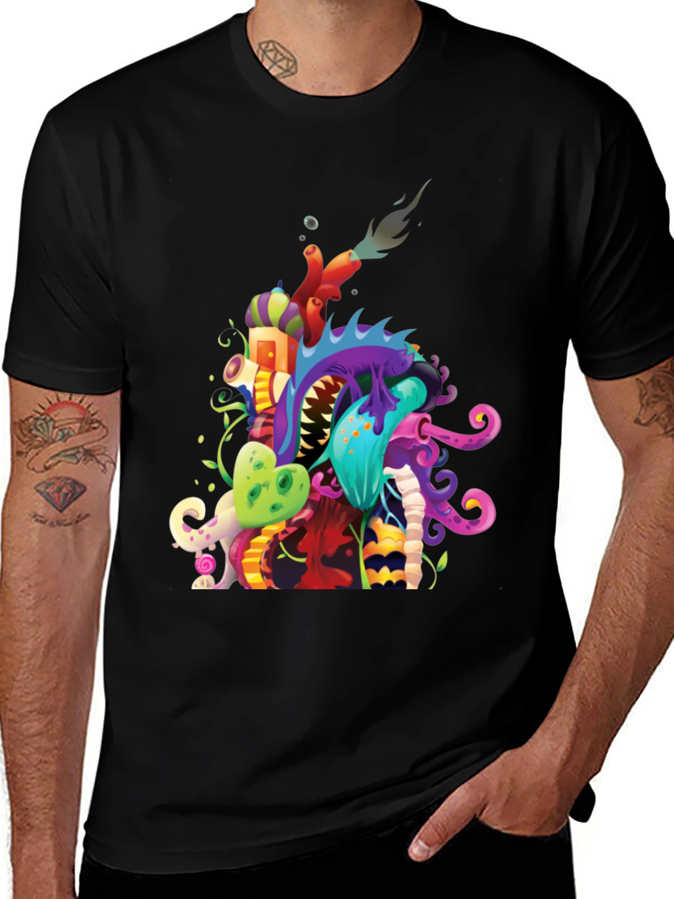 Variant 2 of Men's Black T-Shirt with Sea Monster Graphic