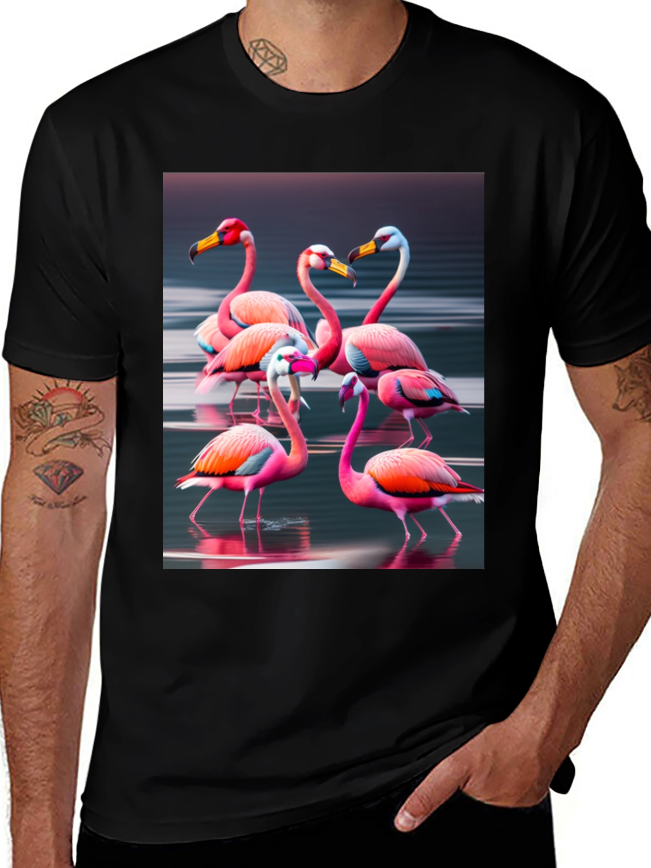 Variant 6 of Flamingo Flock Graphic Tee - Black Cotton