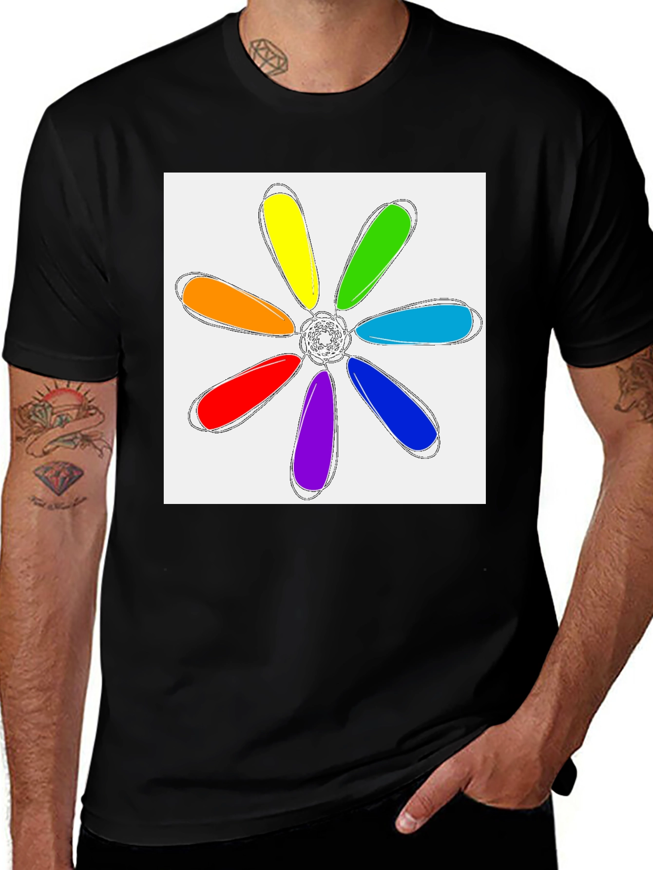 Variant 16 of Rainbow Flower Graphic Tee - Casual Black T-Shirt