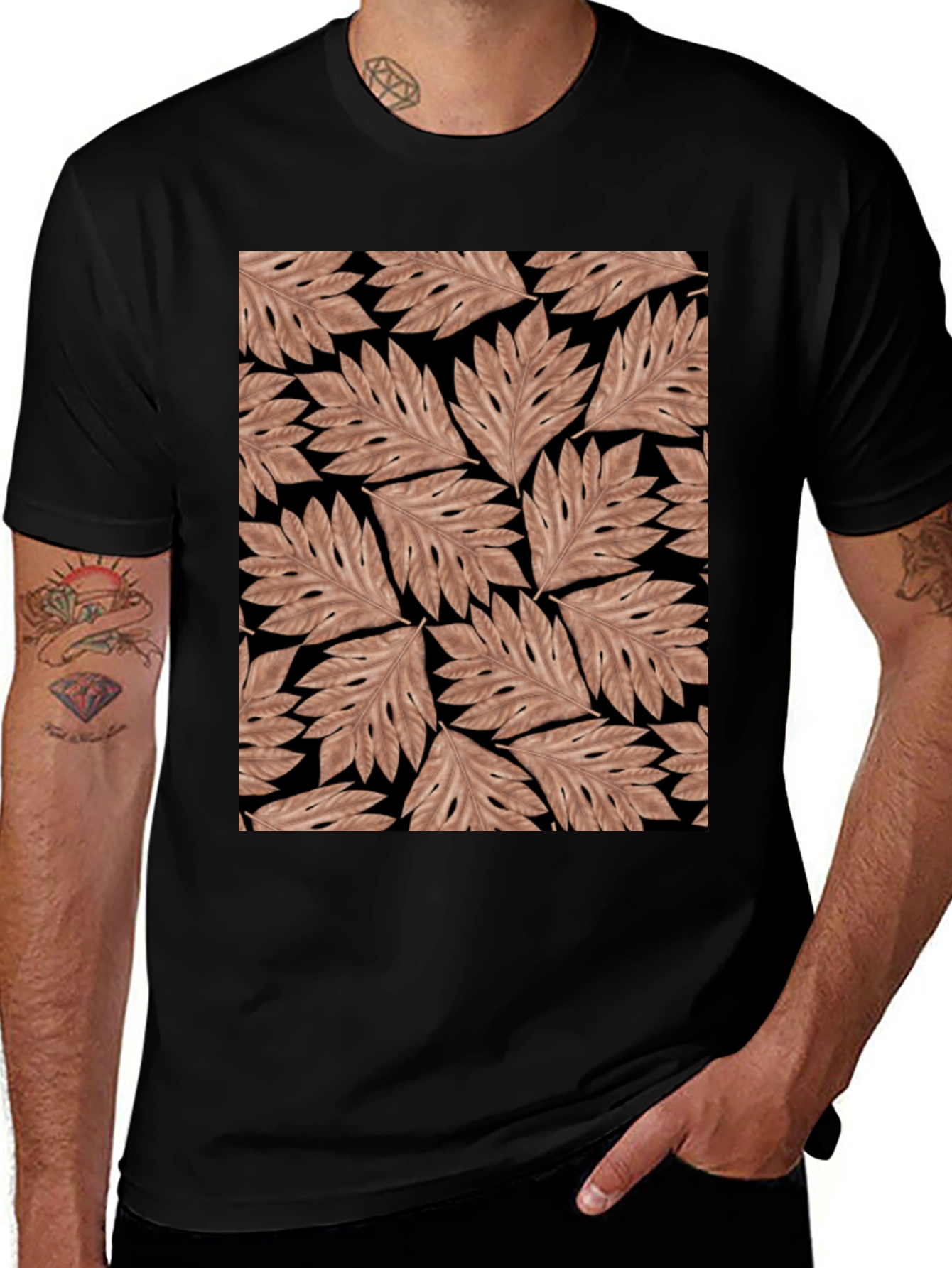 Leaf Pattern Black T-Shirt