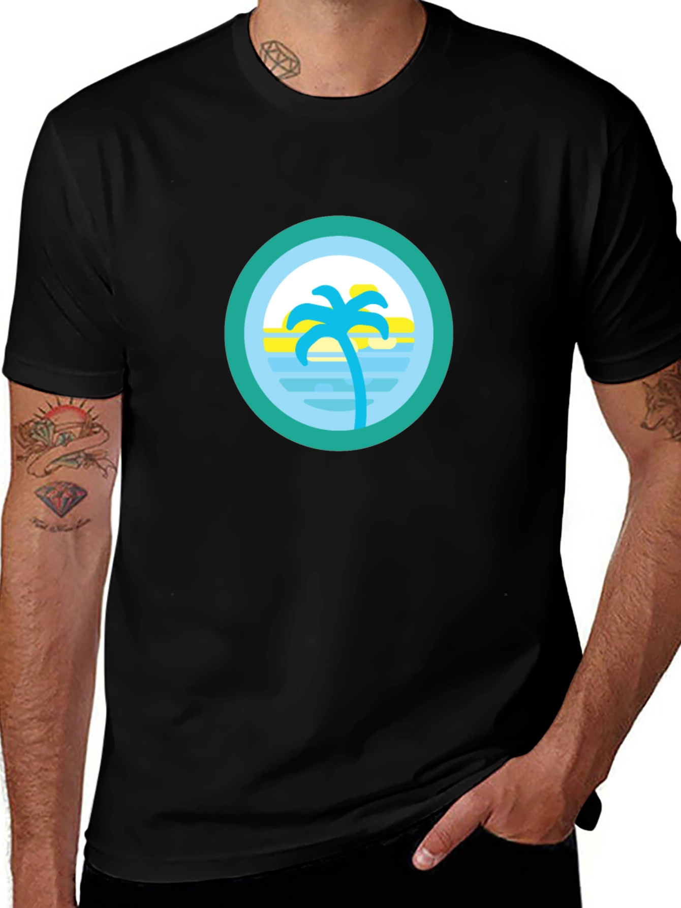 Variant 23 of Tropical Palm Tree Circle Graphic Tee - Black