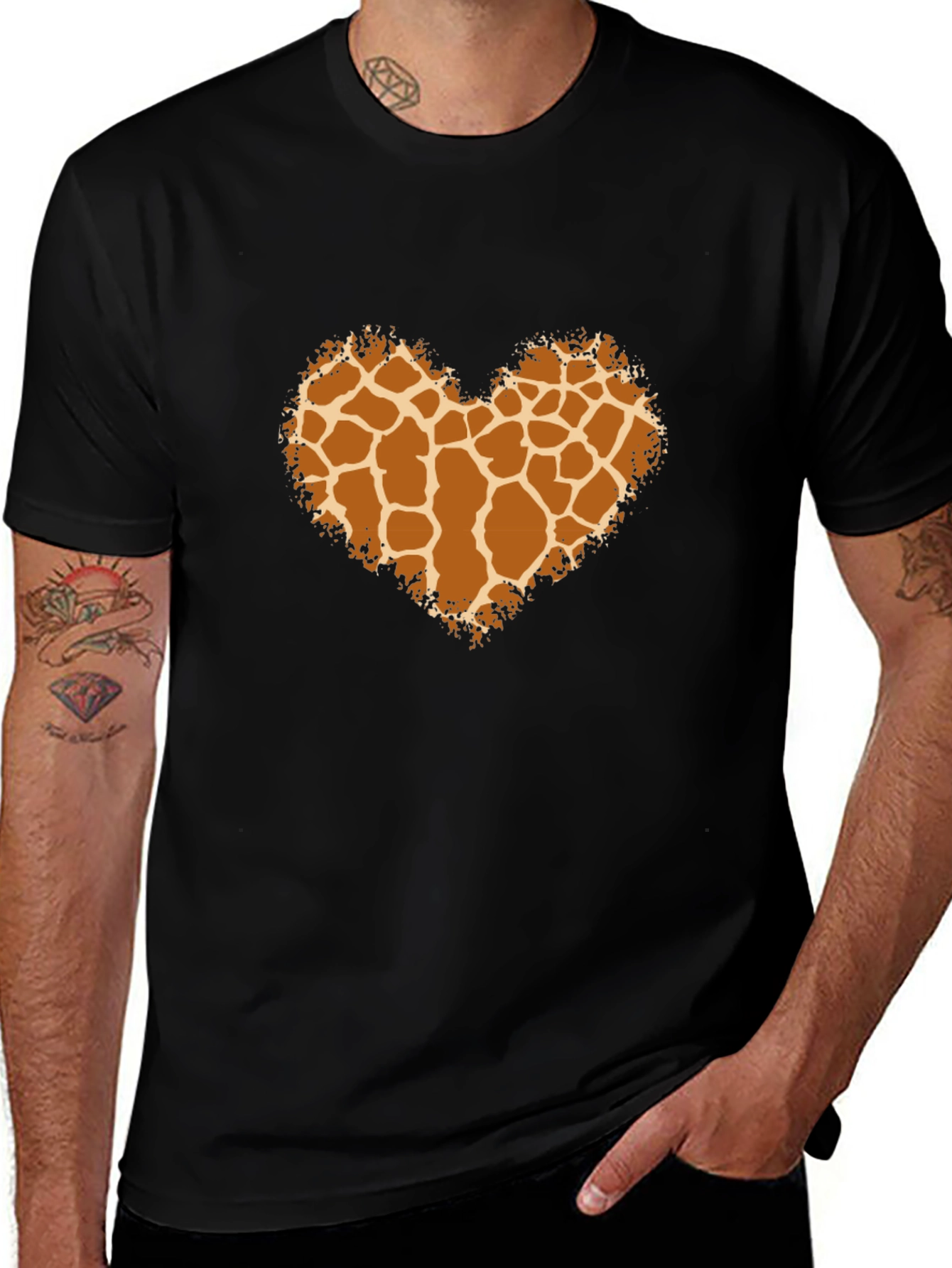 Giraffe Print Heart Tee - Black Unisex Shirt