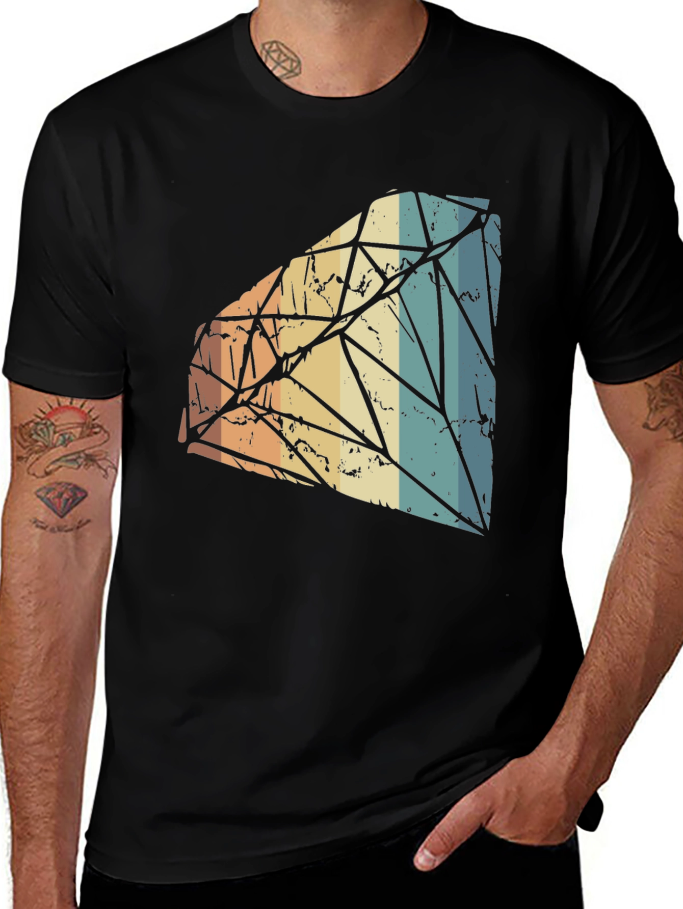 Variant 14 of Retro Diamond Graphic Tee - Black Cotton Blend T-Shirt