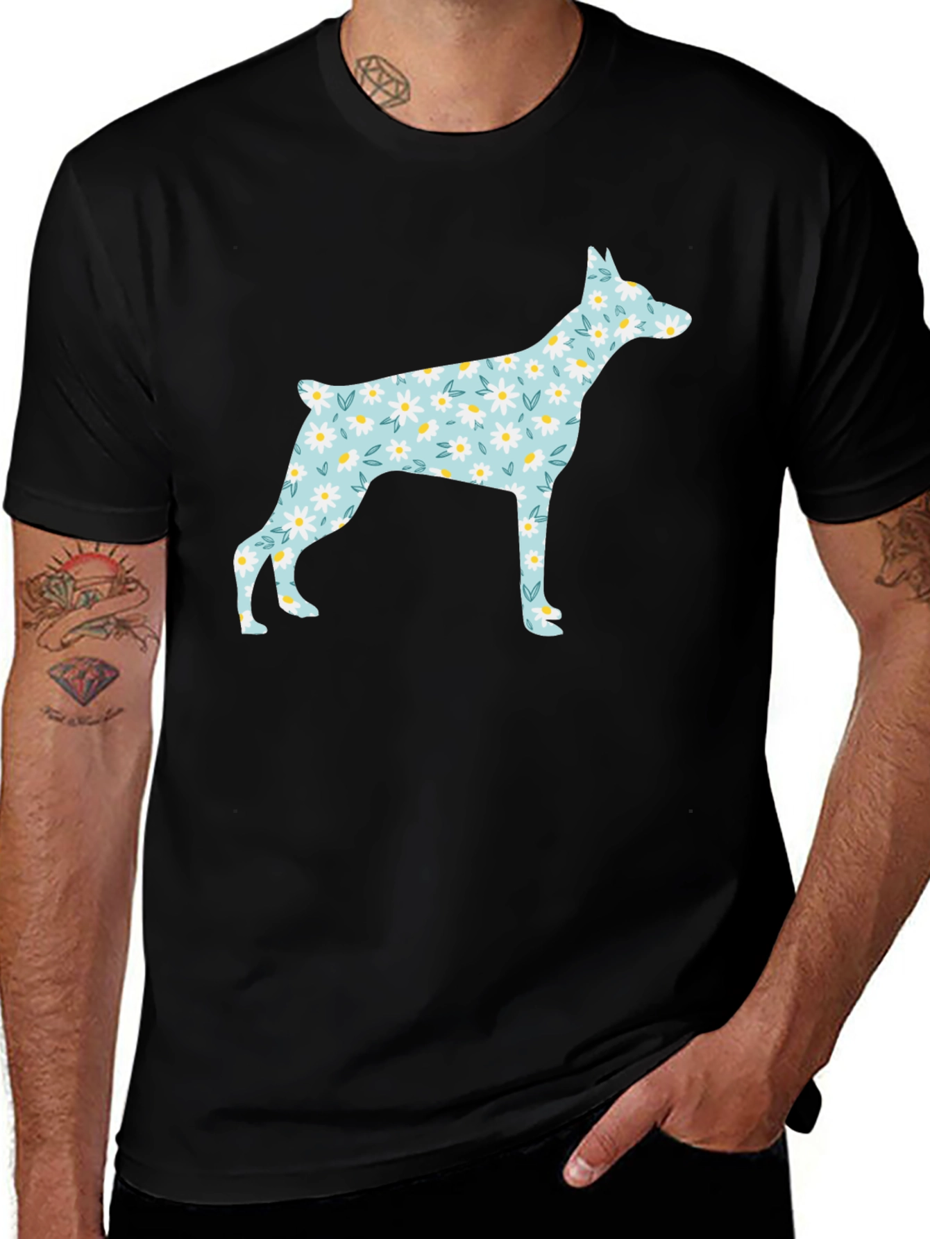 Variant 28 of Floral Dog Silhouette Black T-Shirt
